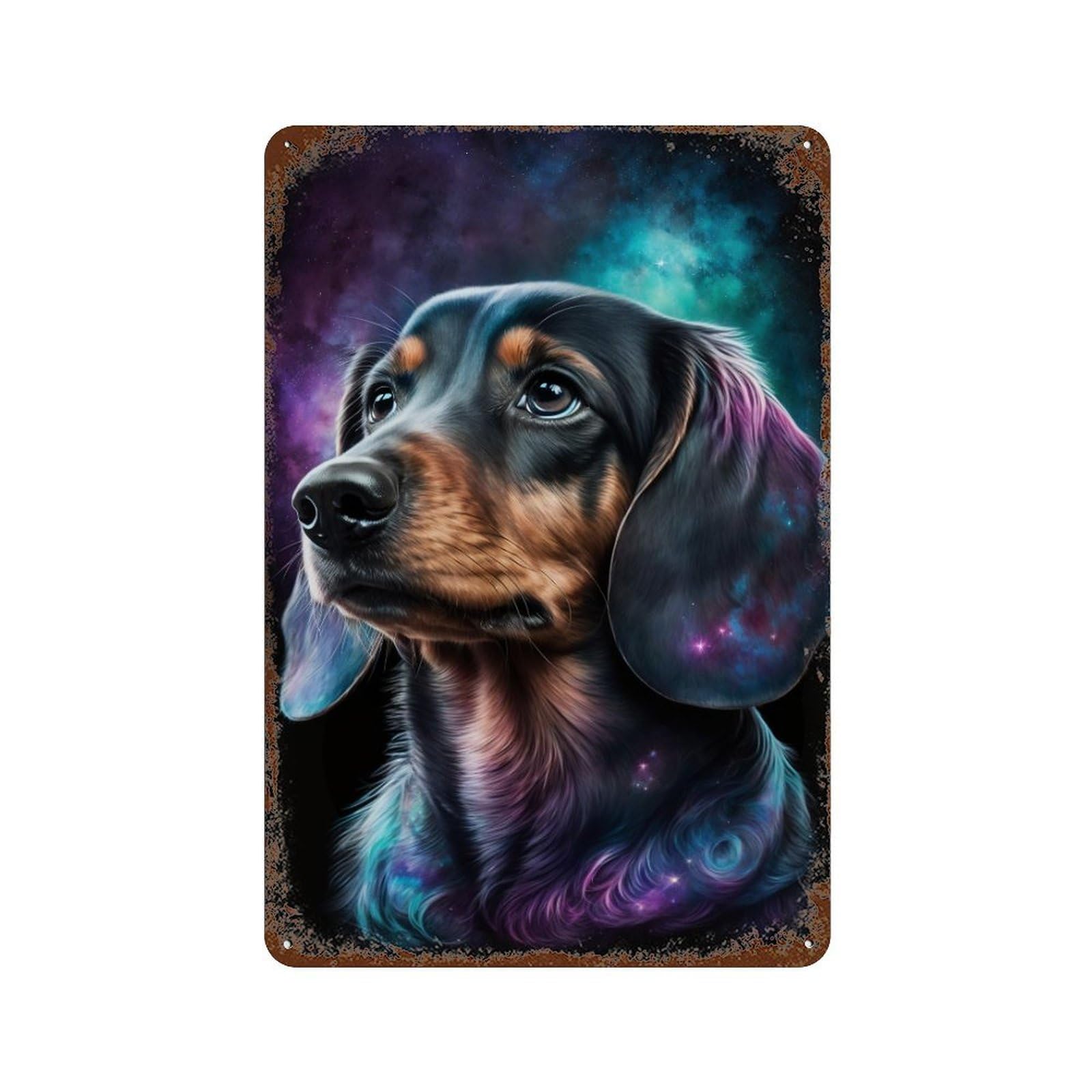 Rusty Metal Tin Sign Cosmic Dachshund Art Print-3 11.8"x7.9", Vintage Wall Decor for Shed, Workshop And Garage Wall Decor