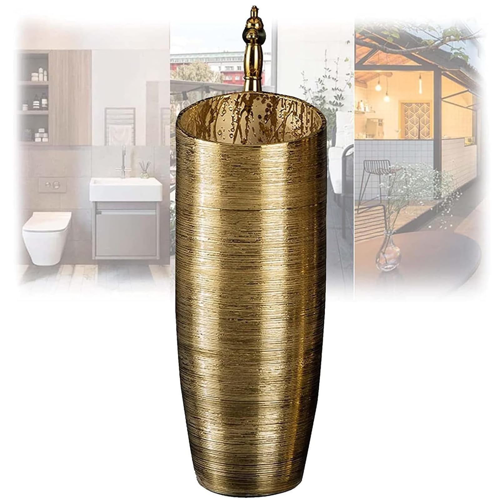 ZTGL Gold Ceramic Pedestal Sink Modern Freestanding Bathroom Sink