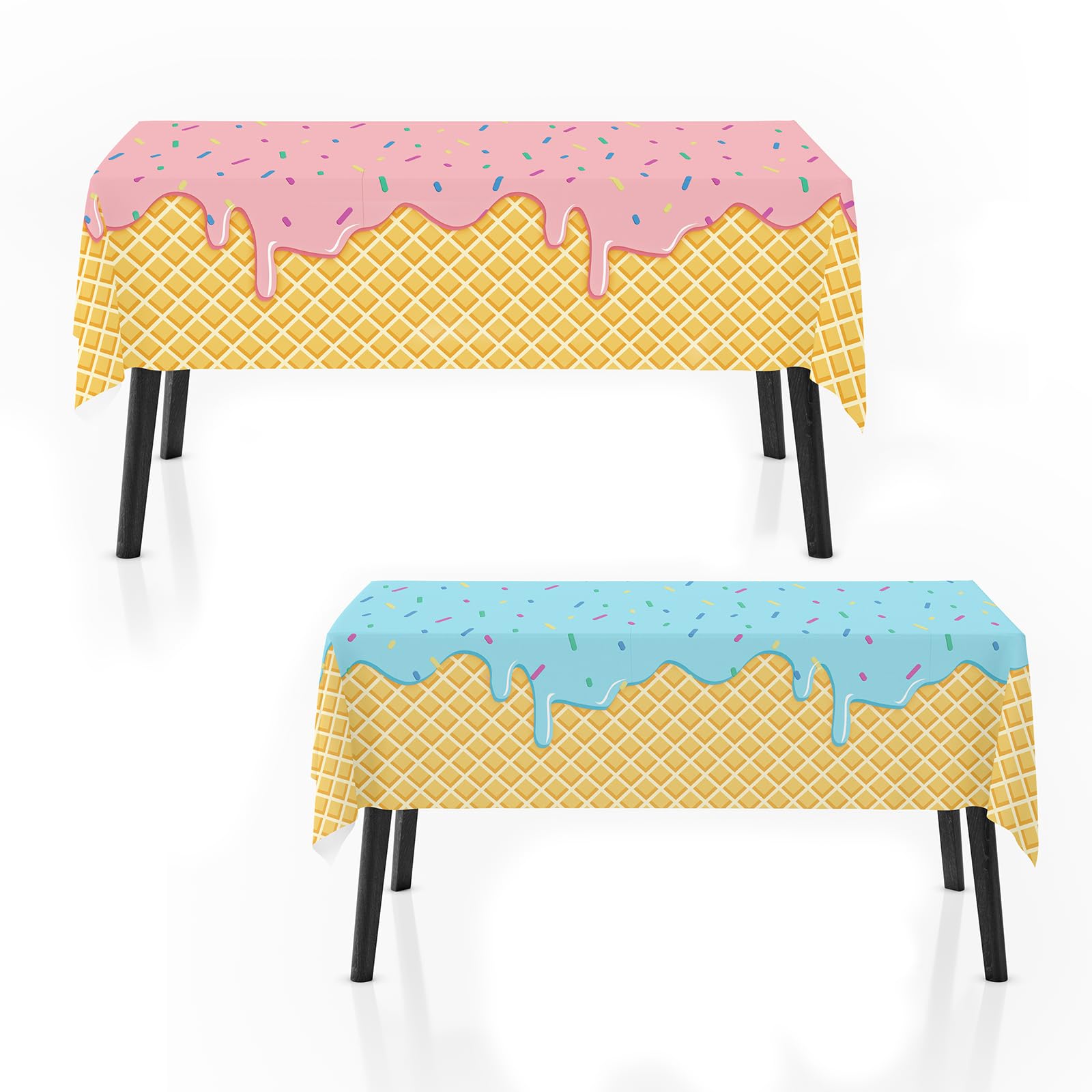Zharkoo 2 Pack Ice Cream Tablecloth for Party Supplies, 108x54 Inch Sweet Dessert Theme Disposable Plastic Table Cover for Kids Birthday, Summer Party