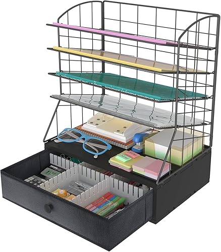 Miniatura 1 de Organizador de archivos de 5 bandejas con cajón organizadores de escritorio de malla organizador de papel de bandeja de cartas soporte de archivos