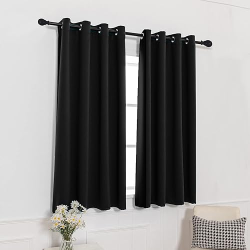 Miniatura 2 de Pickluc Juego de 2 paneles de cortinas opacas negras con ojales de 63 pulgadas de largo, cortinas de ventana con bloqueo de luz para sala de estar,