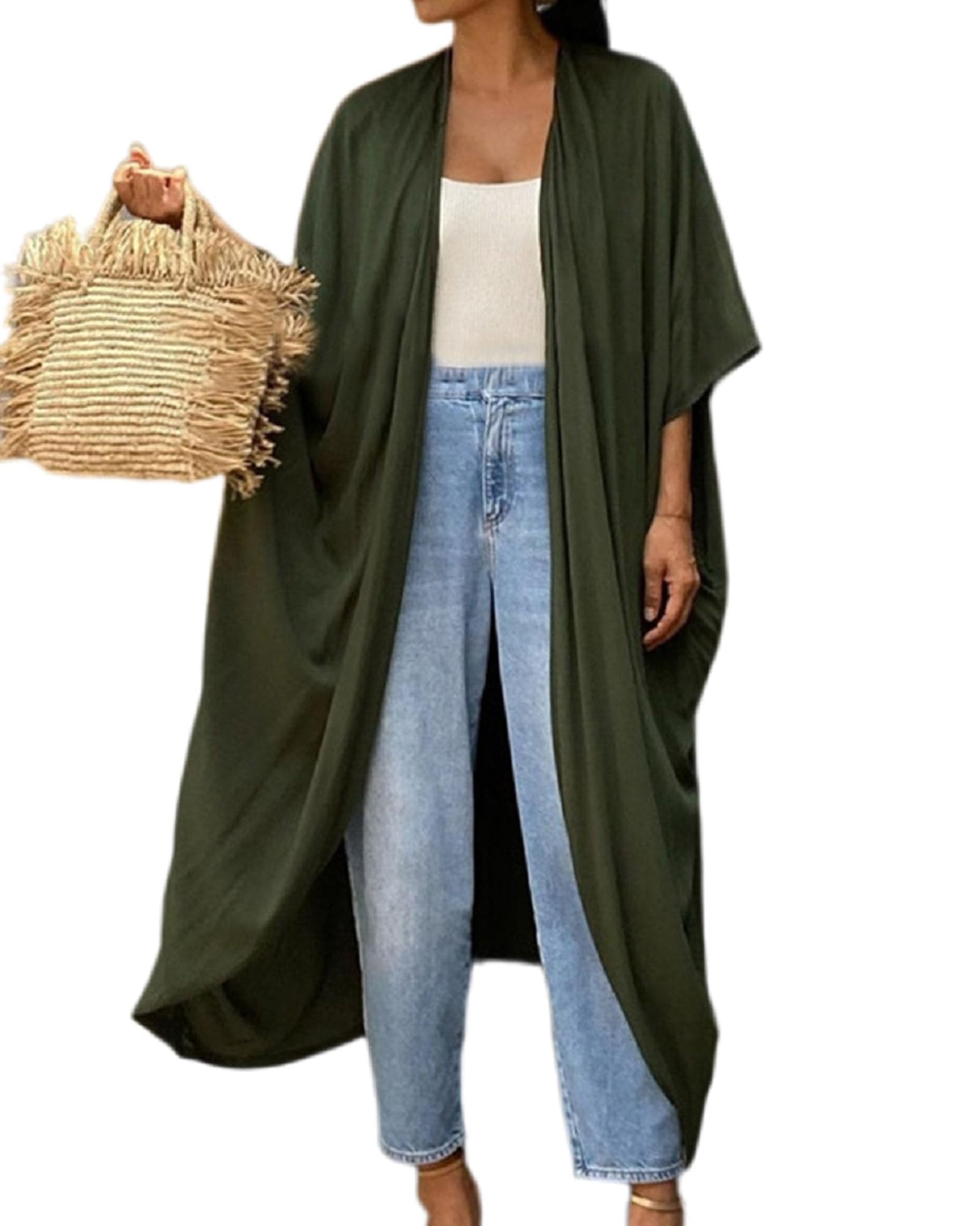 Jarseila Cárdigan Mujer Kaftan de Playa Colores Sólidos Vestido de Bikini para Verano Elegante Largo Playa Casual Traje de baño Cubrir Algodón