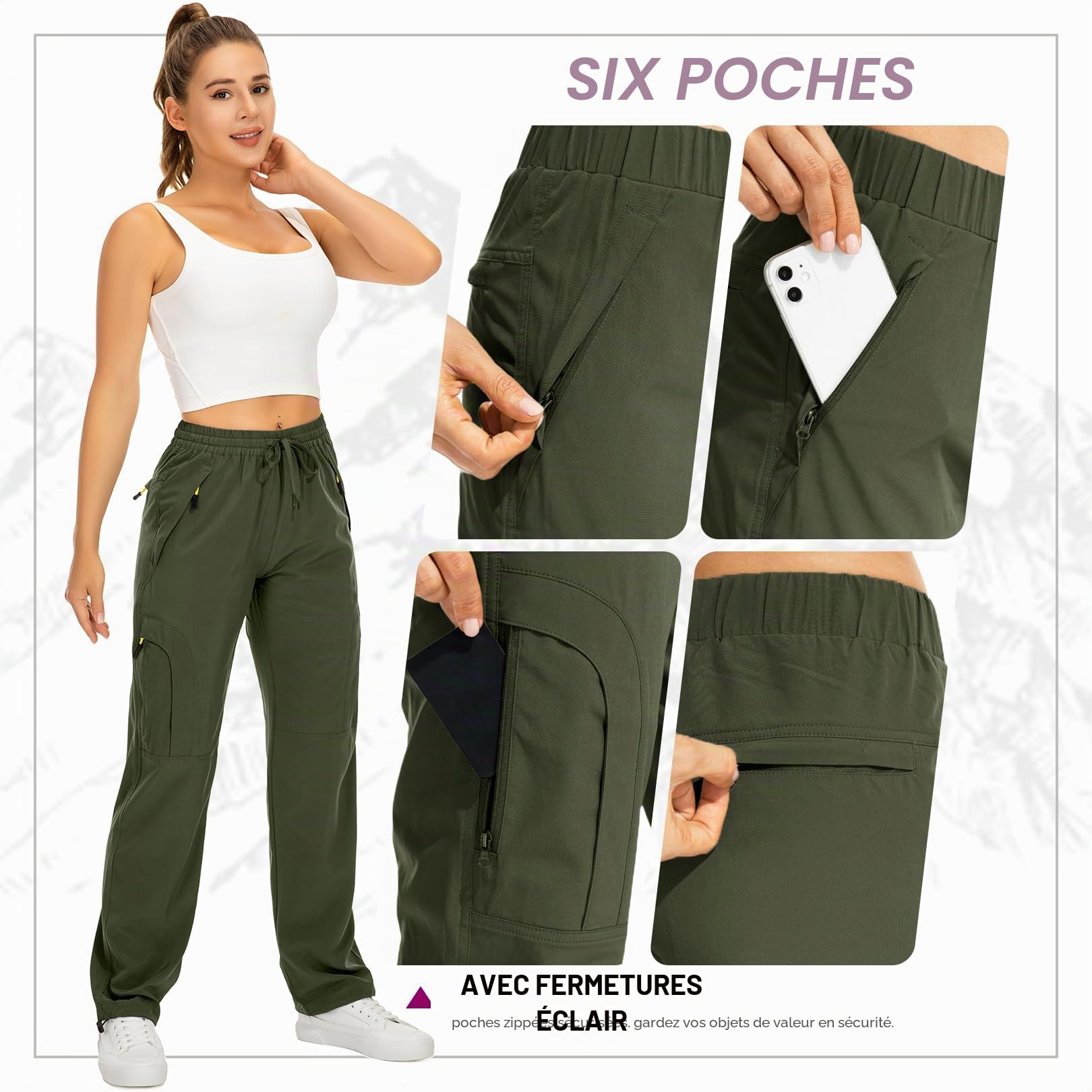 mosingle Pantalon cargo de marche léger à séchage rapide UPF 50 pour femme, pour safari, voyage, travail, golf, décontracté, poches zippées
