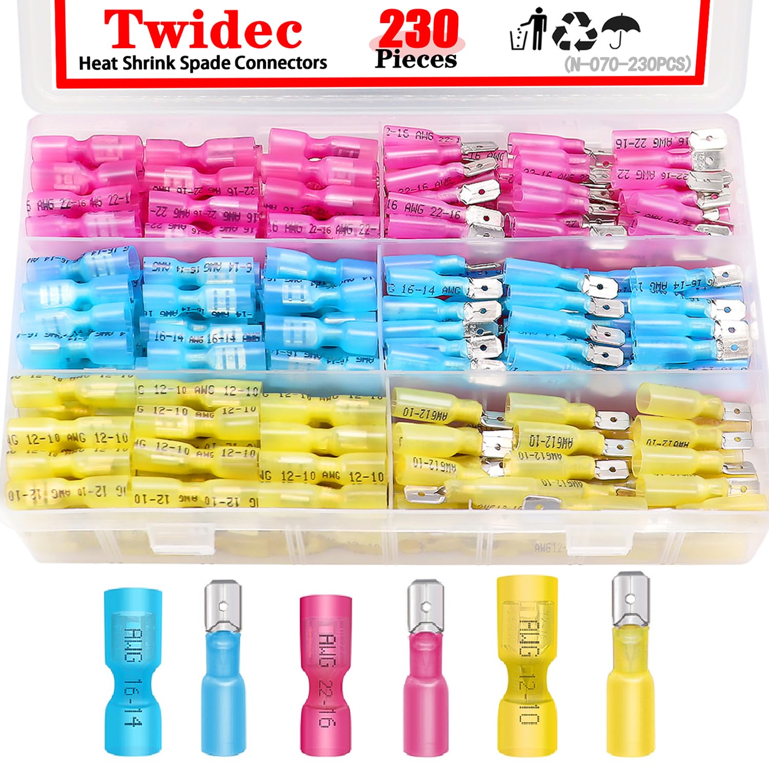 Twidec/230PCS Heat Shrink Spade Connectors Kit 22-10 AWG Female and Male Spade Terminlas Quick Disconnect Connectors Fully Insulated Electrical Wire Crimp Connector for Automotive Marine