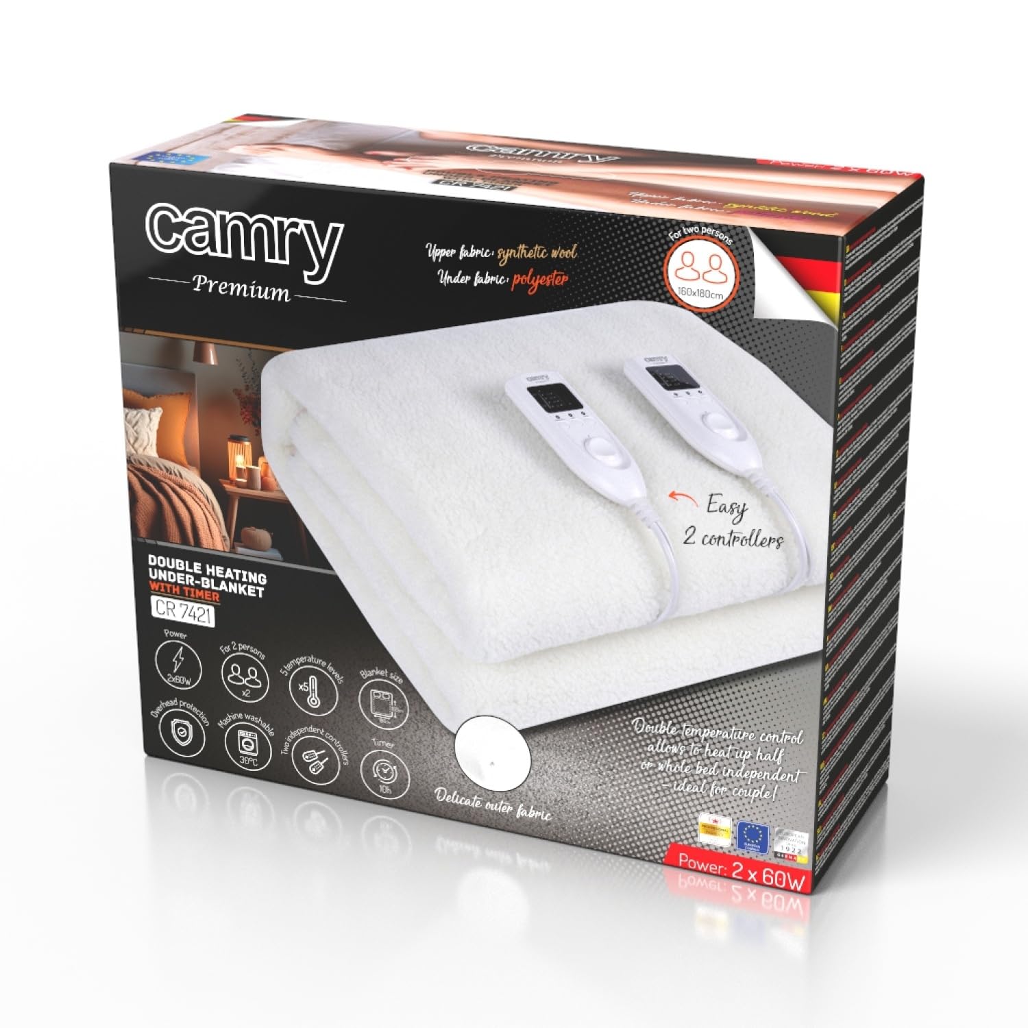 Camry CR-7421 - Calienta Camas Eléctrico Doble, 170W, 8 Niveles de Temperatura, Temporizador, Lavable, 160 x 180 cm, Protección por Sobrecalentamiento