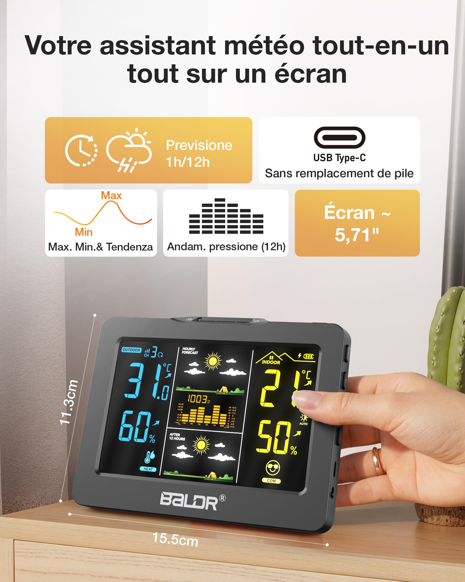 Station Météo BALDR Sans Fil avec Capteur Extérieur, Affichage Numérique Couleur – Thermomètre Hygromètre Intérieur/Extérieur, Prévisions 1h + 12h, Batterie Rechargeable