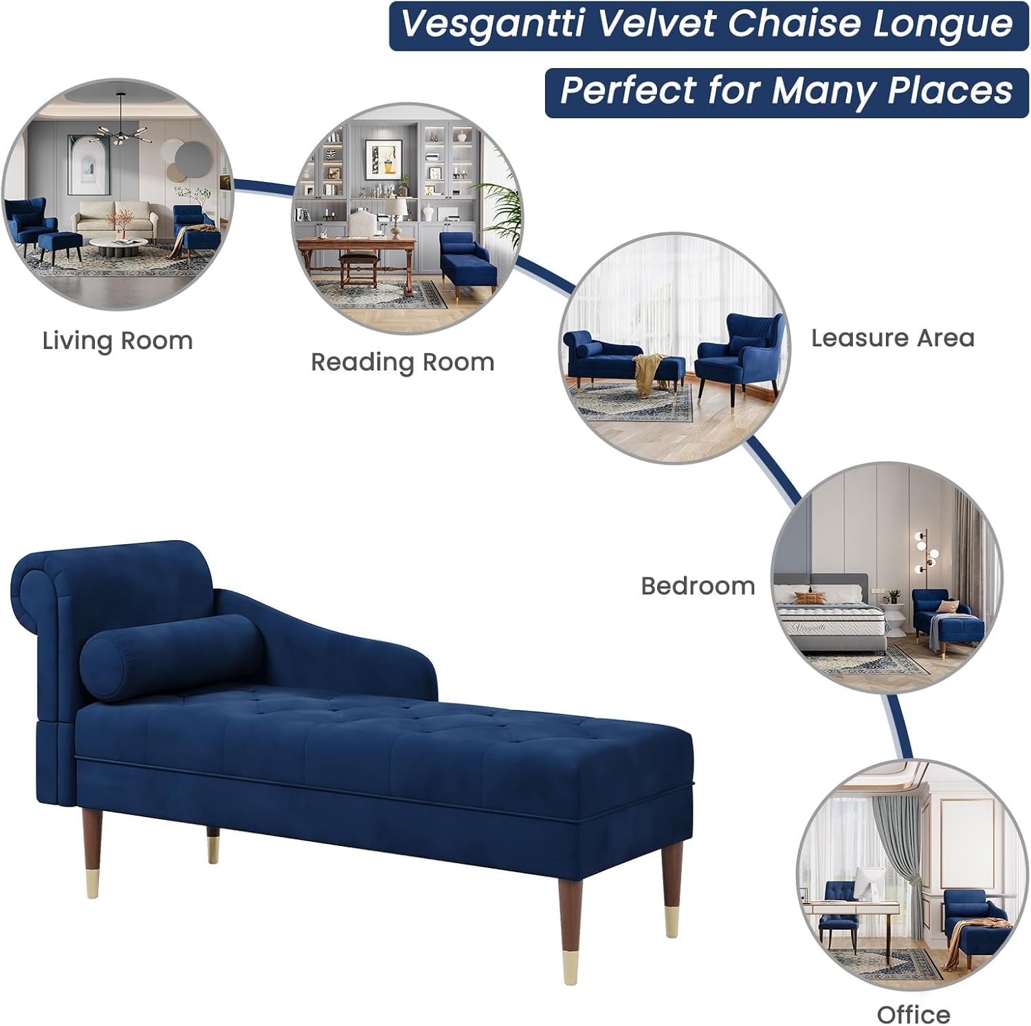 Vesgantti Velvet Chaiselongue, Indoor Lounge Sofa mit linker Armlehne und Lendenkissen, Recamiere für Wohnzimmer, Schlafzimmer und Büro, Samt Loungesessel 149.5 x 54 x 76CM