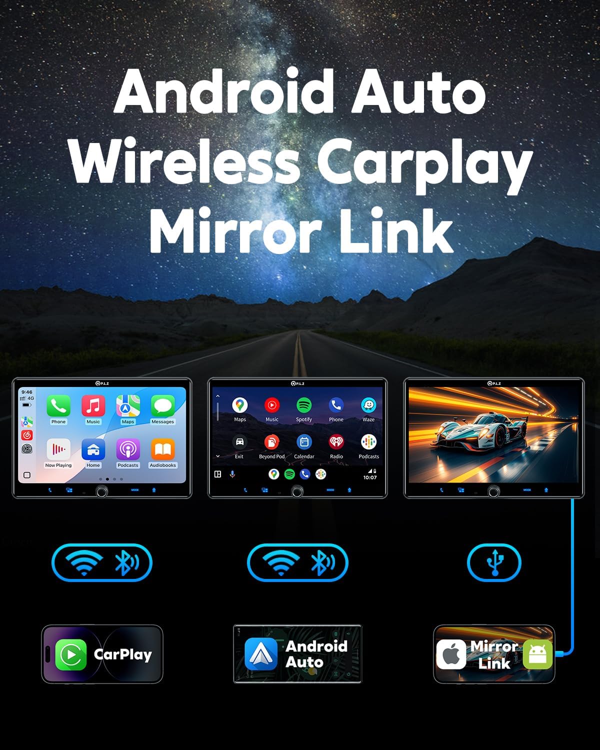 PLZ 10.1" Single Din Car Stereo Wireless Apple Carplay Android Auto Radio, Car Play Touch Screen, Bluetooth 5.3 Car Audio Receiver, 4.2 Channel 240W, Subwoofers, Navigation, FM/AM, SWC, Backup Camera