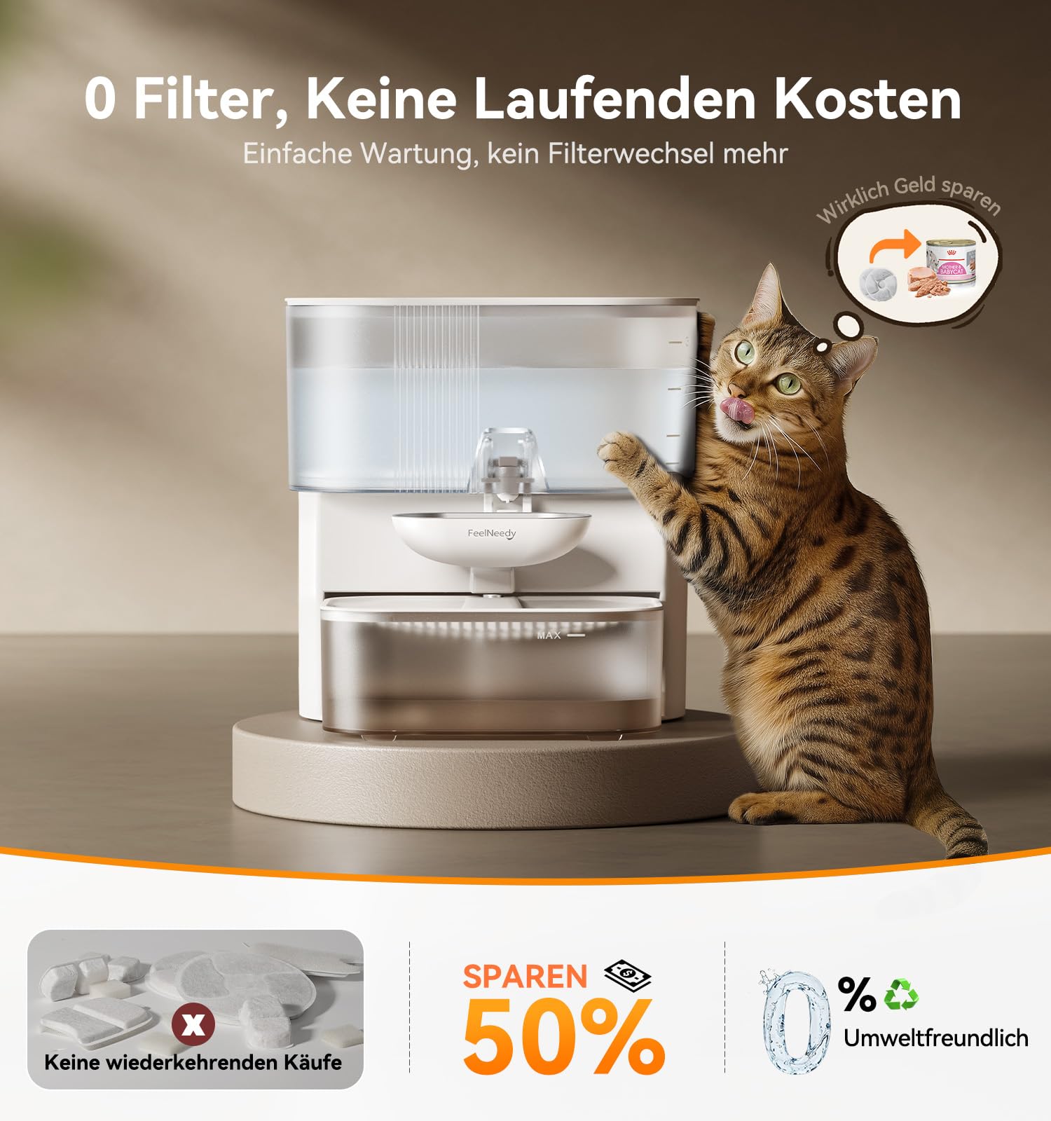 Trinkbrunnen für Katze Kabellos ohne Filter, FEELNEEDY Frischwasser getrennt von Abwasser ohne Wasserkreislauf, 2000mAh Akkubetrieb Katzenbrunnen, Trinkschale aus Edelstahl, 3,5L Tank (Weiß)