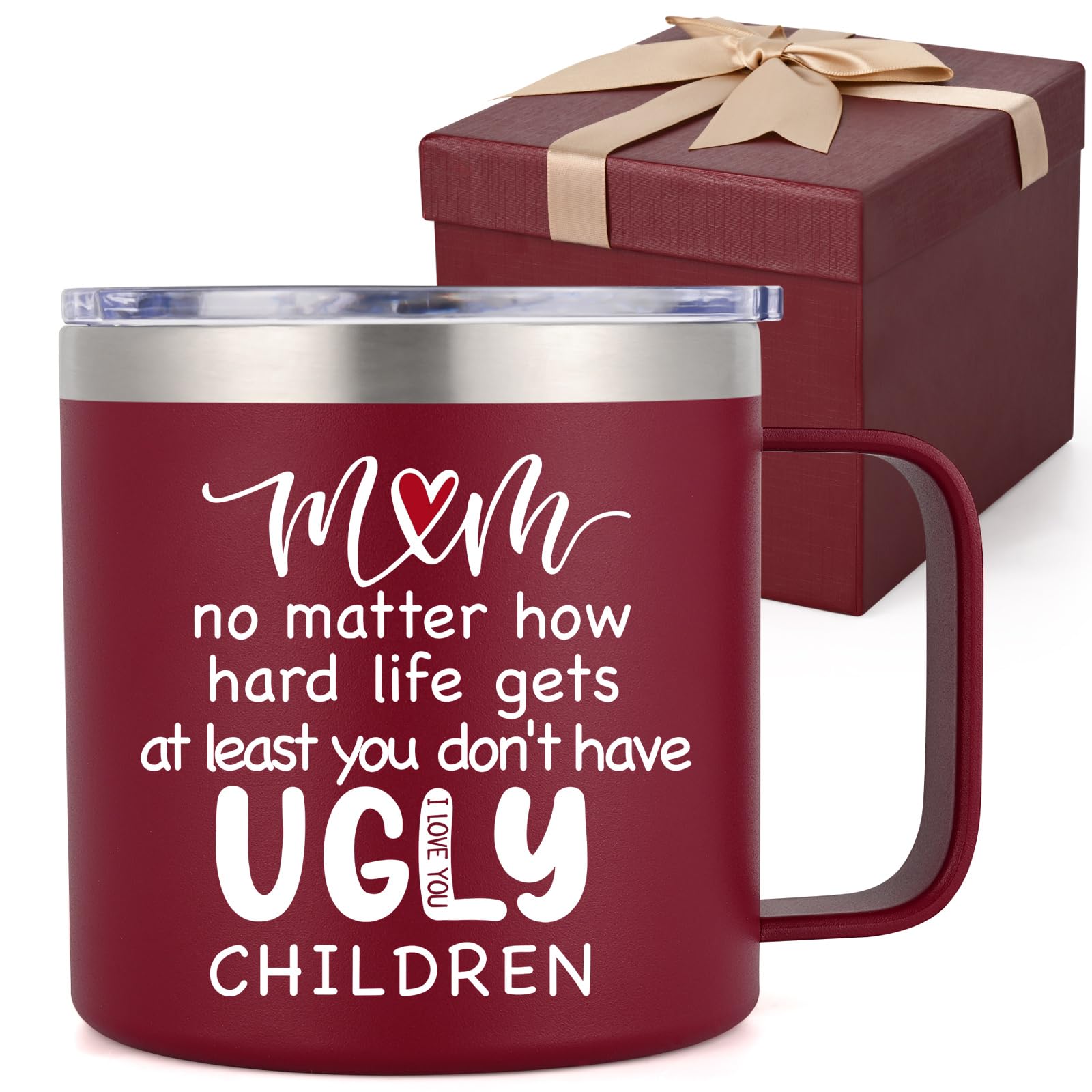 LiqCool Birthday Gifts for Mom, 14 Oz Best Mom - Ugly Children Mug Gift Set, Mom Gifts Ideas for Wife Mom from Daughter Son, Unique Funny Mom Birthday Gifts(Red)