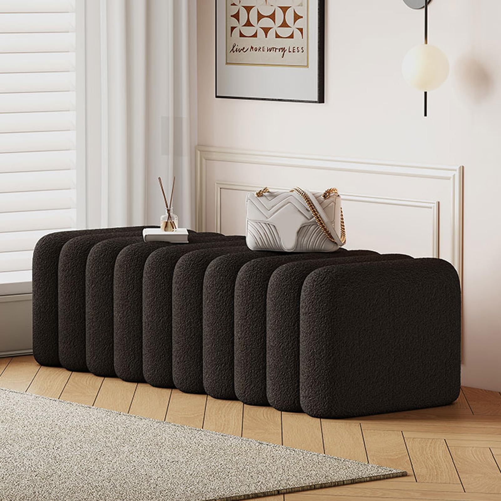 OIFAODAO Velvet Ottoman Bench Bedroom Upholstered End of Bed Footrest(Black,100X37X36cm)