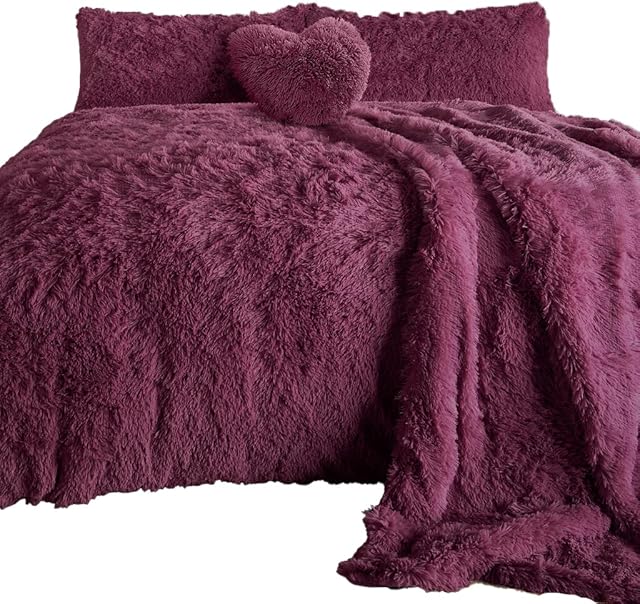 Rohi Luxury Faux Fur Fleece Duvet Cover Set  Cuddly Long Pile Teddy Fleece Bedding Set  Hypoallergenic  Washable  Thermal Quilt Fluffy Bedding with Pillowcases (Plum, King)