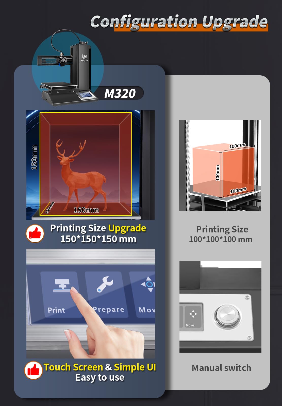 MALYAN M320 Mini 3D drukarka – drukarka 3D dla dzieci i początkujących, zdejmowana magnetyczna płyta, bezpłatna próbka filamentu PLA, 150 x 150 x 150 mm