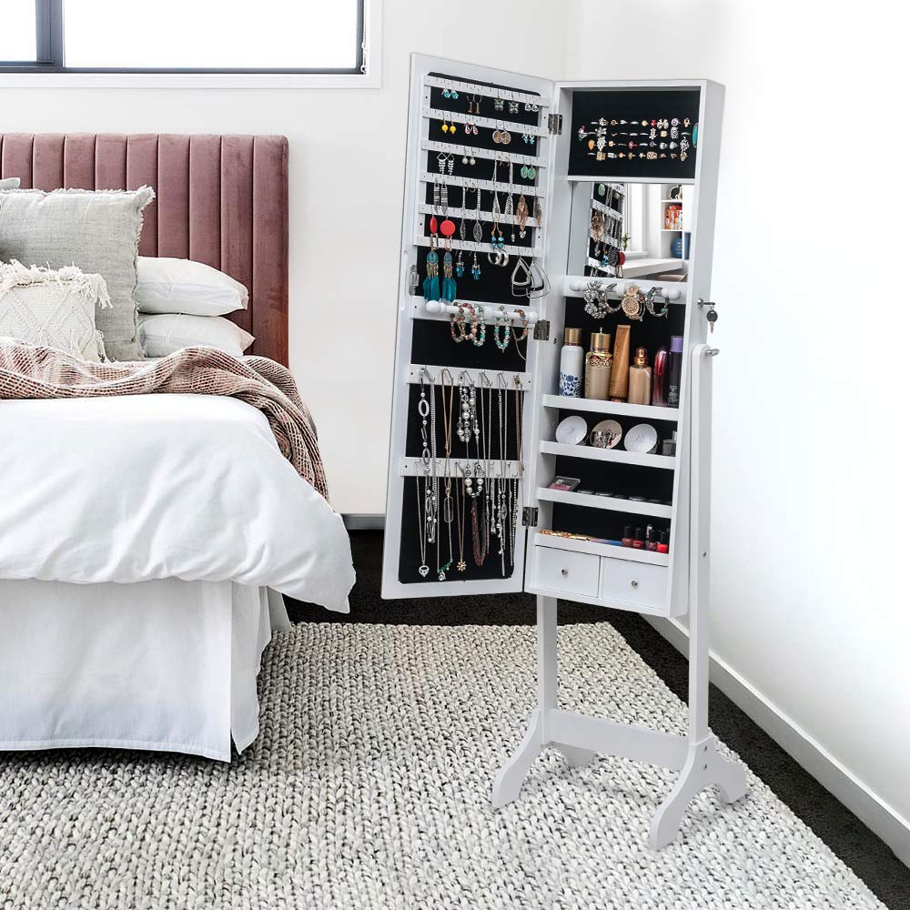 LEADZM Armoire à Bijoux sur Pieds, Meuble de Rangement Cosmétiques, Organisateur de Bijoux avec Grand Espace de Rangement pour Chambre, Placard à Accessoires avec Miroir, Verrouillable, Blanc Boisé