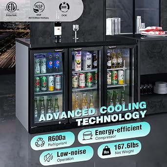 Back Bar Cooler - 480 Can Capacity Beverage Refrigerators, 3 Sliding Glass Doors, LED Lighting, Adjustable Shelves, Safety Door Lock, Perfect for Bars, Restaurants & Home (12 Cu.Ft swing doors)