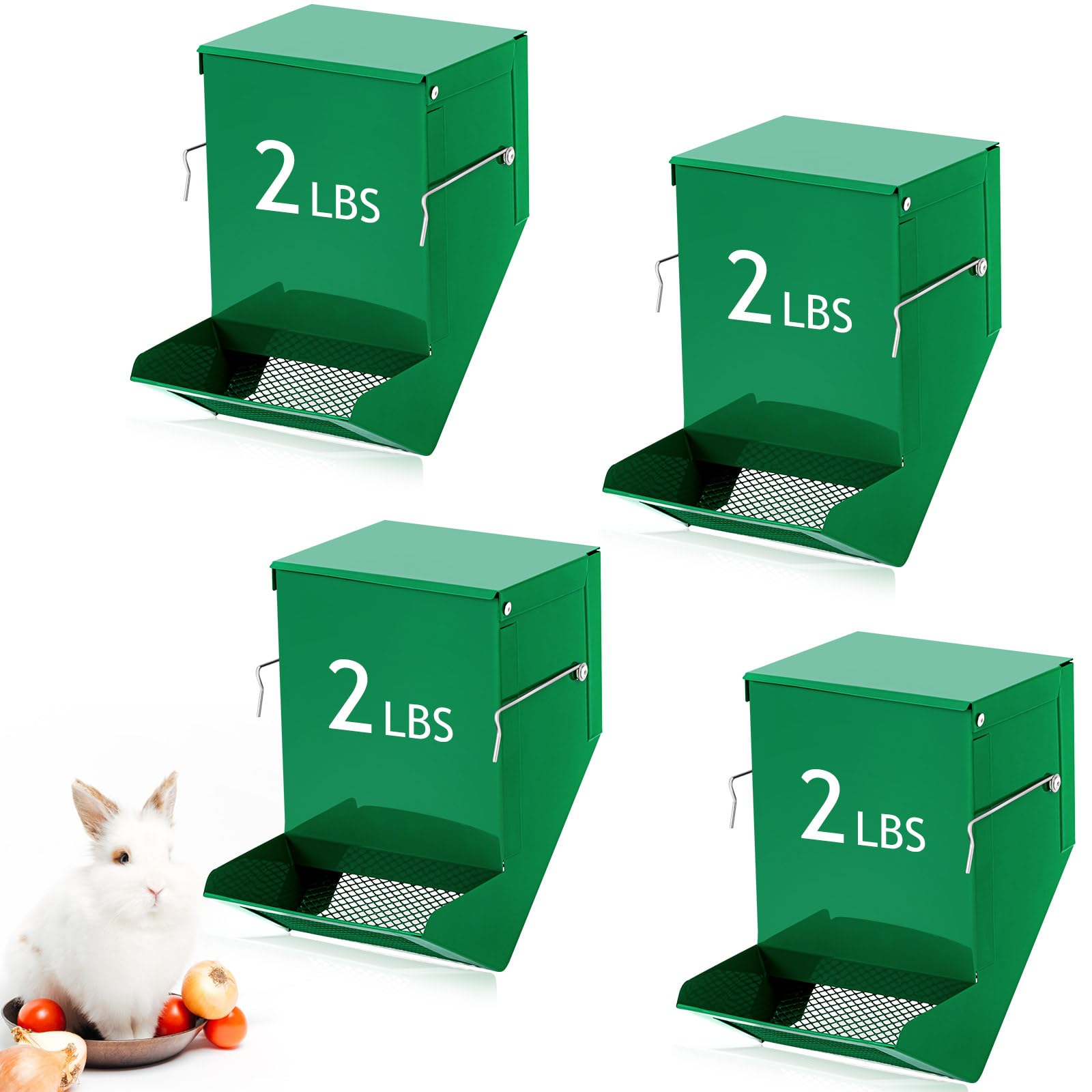 Maxcheck 4 Pcs Rabbit Feeder for Cages Small Animal Food Dispenser with Lid Metal Rabbit Feeders Outside for Guinea Pig(4.7 Inches,Green)