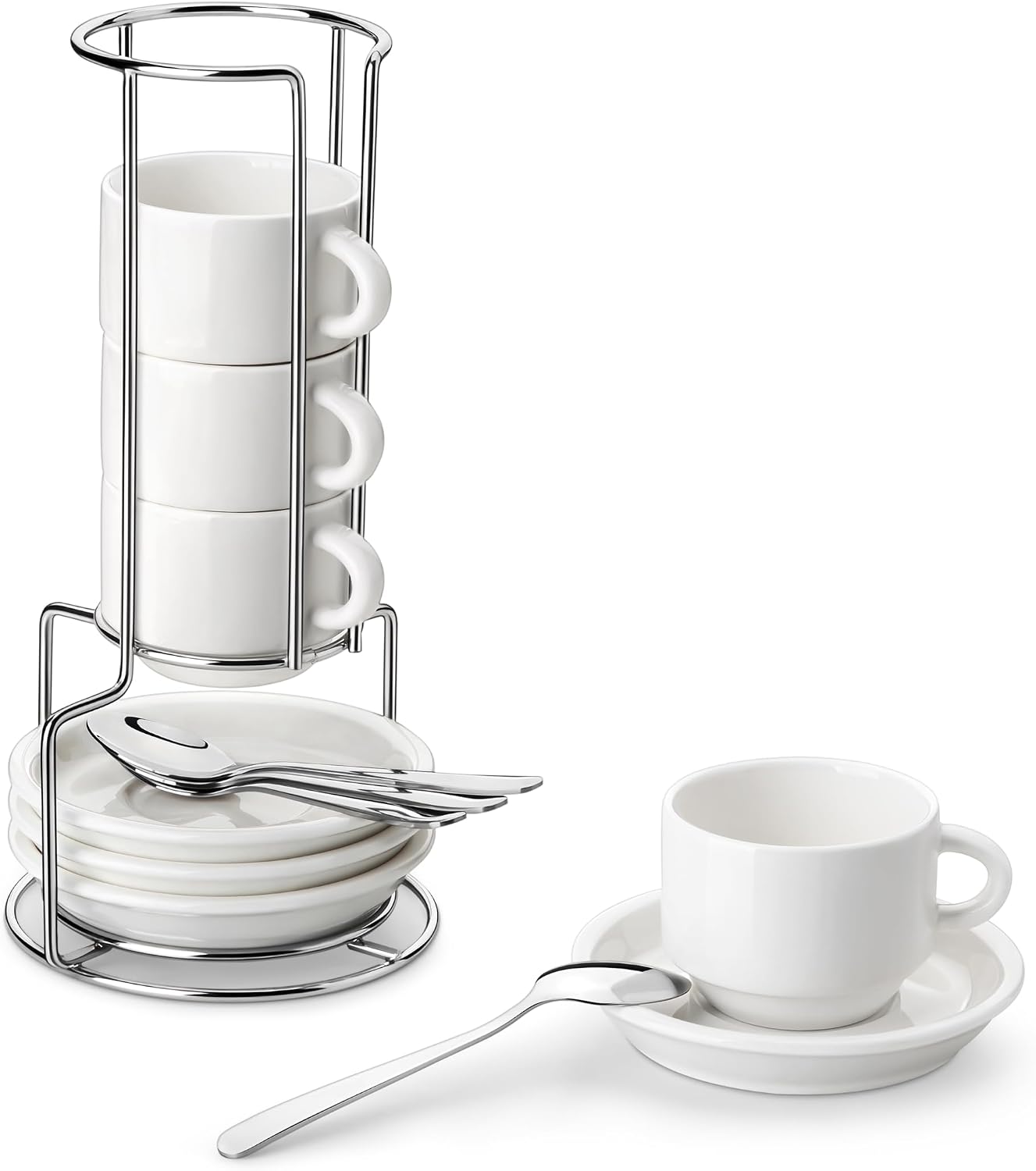 MALACASA Porcelain Espresso Cups Set of 4, with Saucers and Metal Stand, 2.5 Ounce Stackable Cappuccino Cups, Expresso Shots Cup Ceramic Demitasse Mugs, White with Spoon