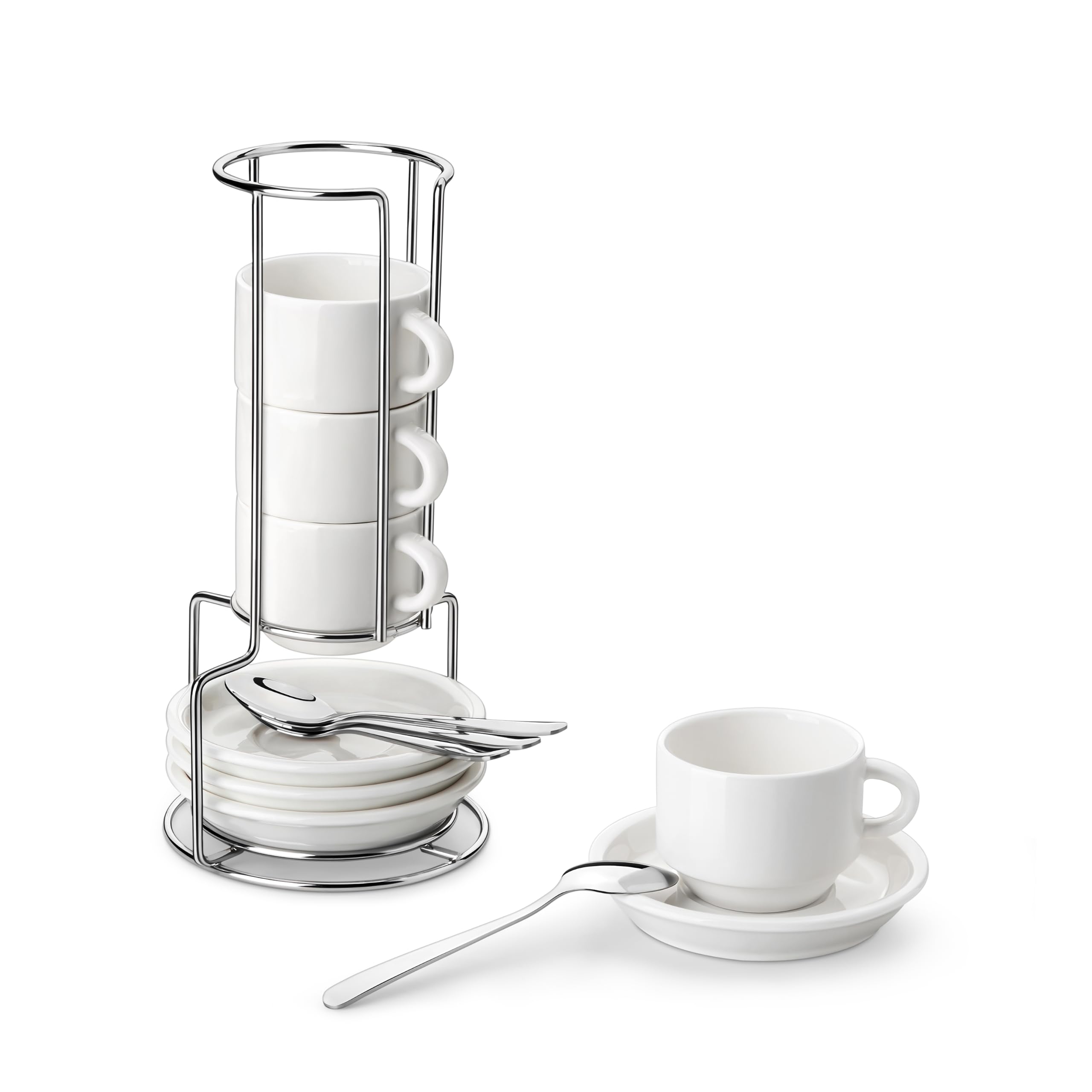 MALACASA Porcelain Espresso Cups Set of 4, with Saucers and Metal Stand, 2.5 Ounce Stackable Cappuccino Cups, Expresso Shots Cup Ceramic Demitasse Mugs, White with Spoon