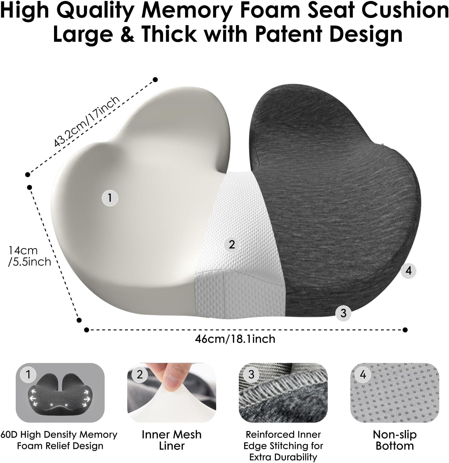 Car Seat Cushion, Memory Foam Cushion with Carry Handle for Drivers, Orthopedic Sciatica & Tailbone Pain Relief for Long Driving, Comfortable Back Support for Car, Truck & Travel - Charcoal