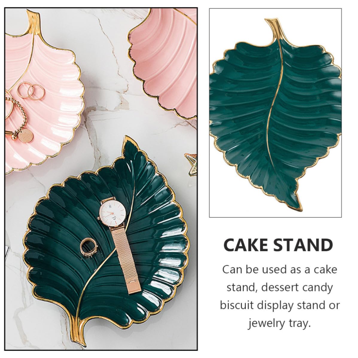 Operitacx Bandeja Decorativa Multifuncional de Cerámica Verde Borde Dorado en Forma de Hoja para Joyas y Postres, Adecuado para Escritorio o Recibidor