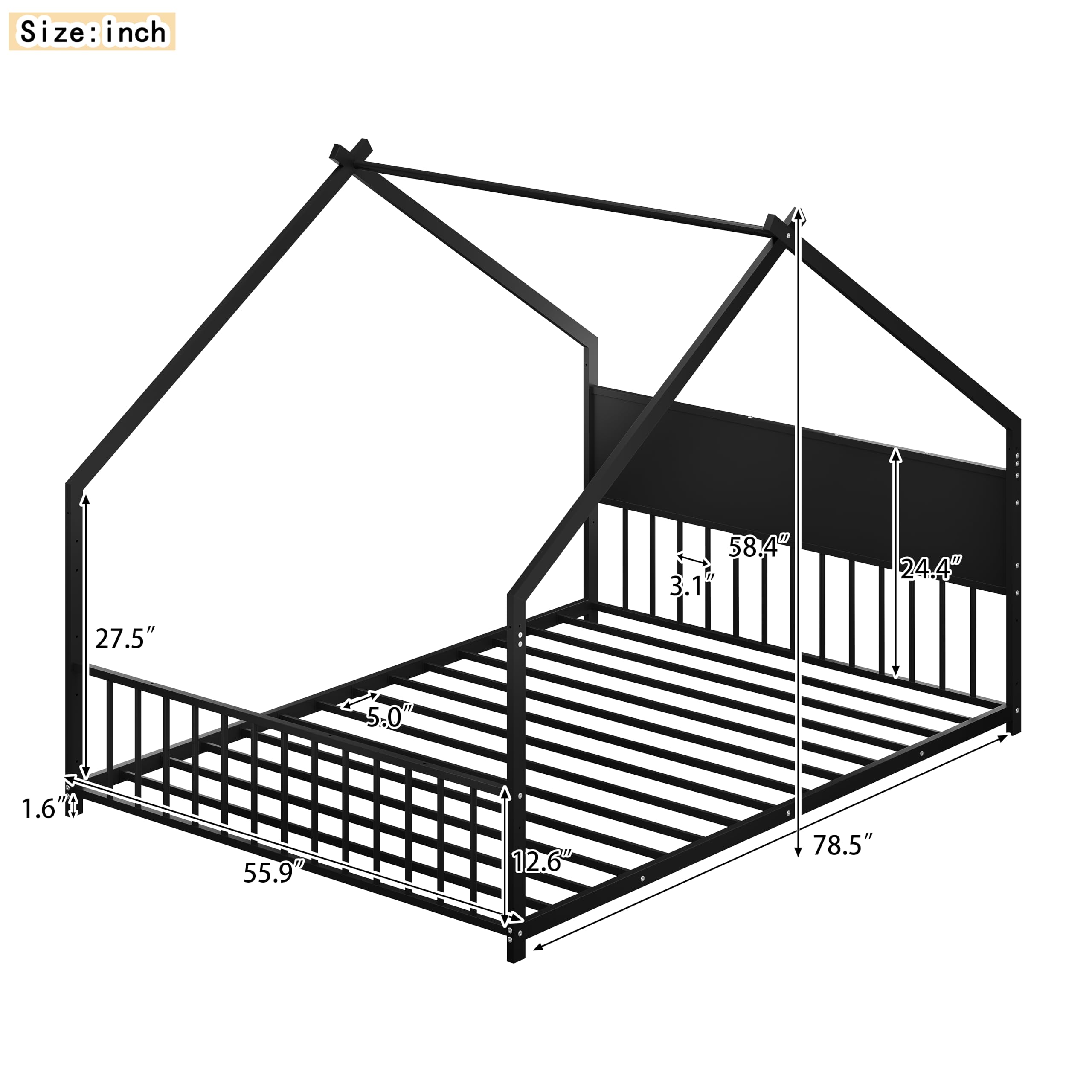 SOFTSEA Twin Size Floor Bed Frame with Roof and LED Lights, Metal House Bed with Headboard & Footboard, No Noise, Black