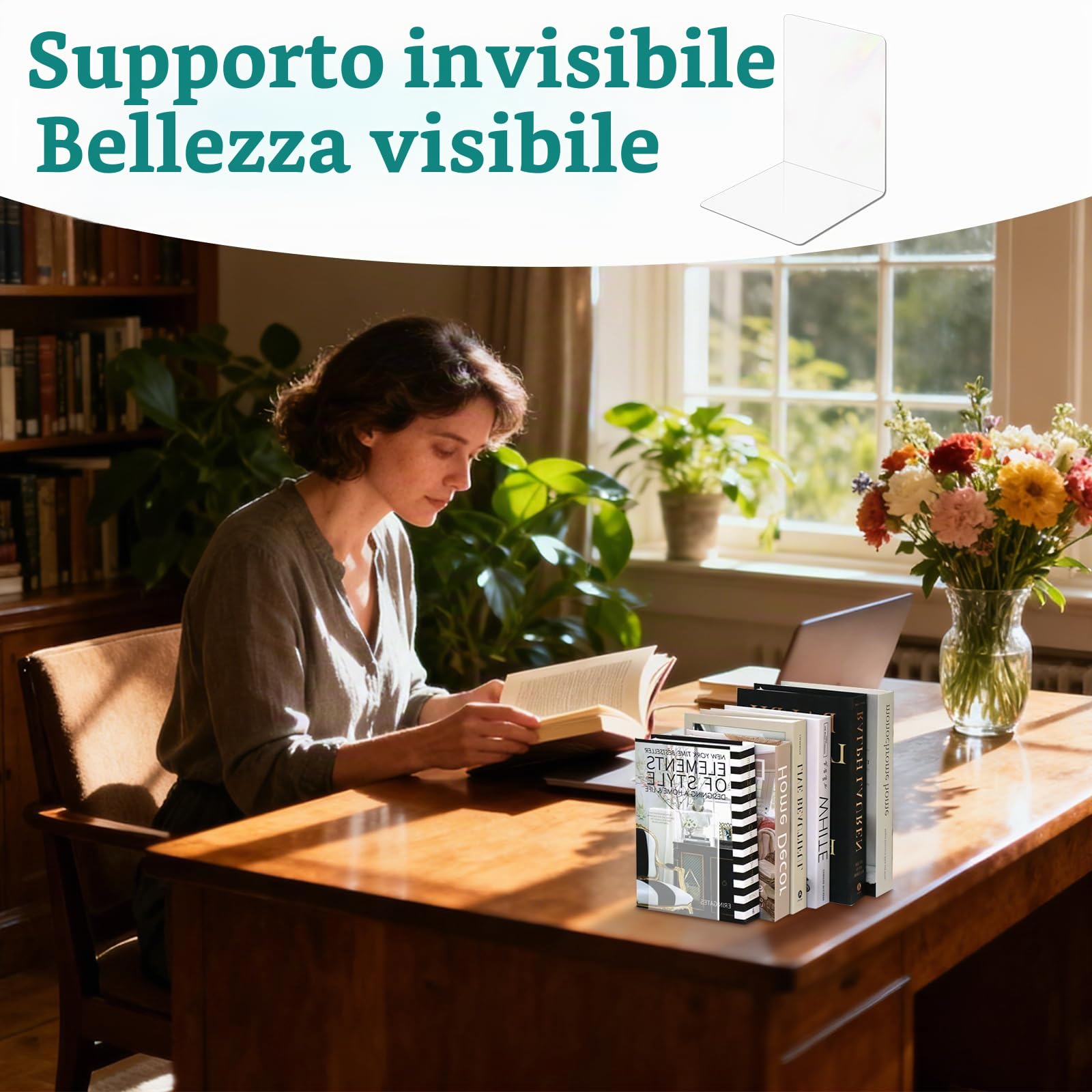 10 Pezzi Fermalibri per Mensole Trasparente in Acrilico con adesivi antiscivolo, Ferma Libri per Libreria Spessi 3, Reggilibri per Camera da Letto, Biblioteca, Ufficio, Scuola e Studio