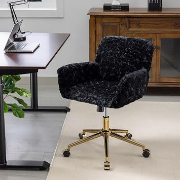 HomVent Furry Cute Office Chair, Modern Black Faux Fur Chair with Wheels & Gold Base, Ergonomic Adjustable Swivel Chair for Girls Women Vanity Bedroom Study