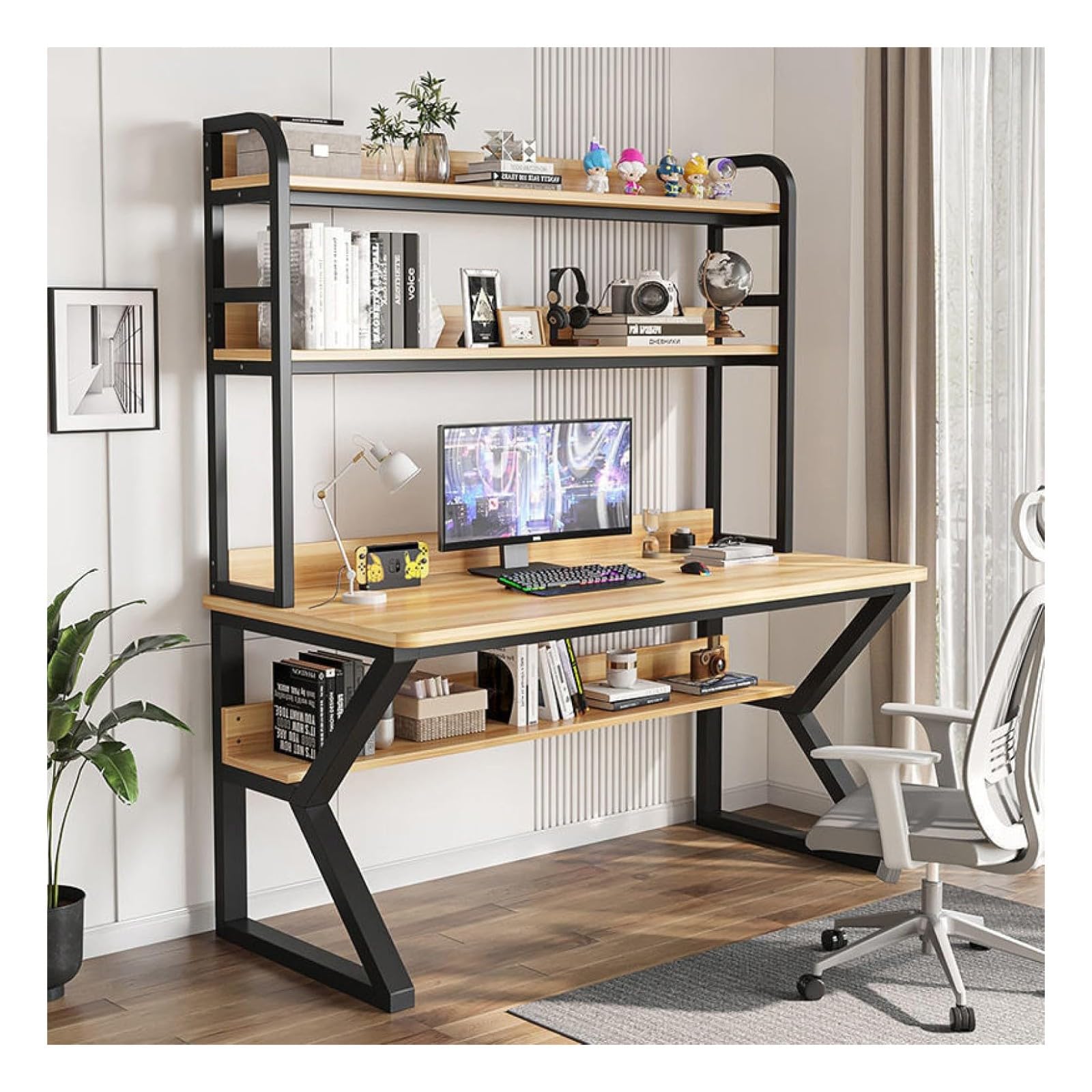 Wdsopk Walnut+Black Computer Desk Home Office Desk Computer Desk With Hutch And Bookshelf, Pc Study Writing Desk,Bookshelf Workstation For Study Play Work Bedroom Home Office（-47Inch）