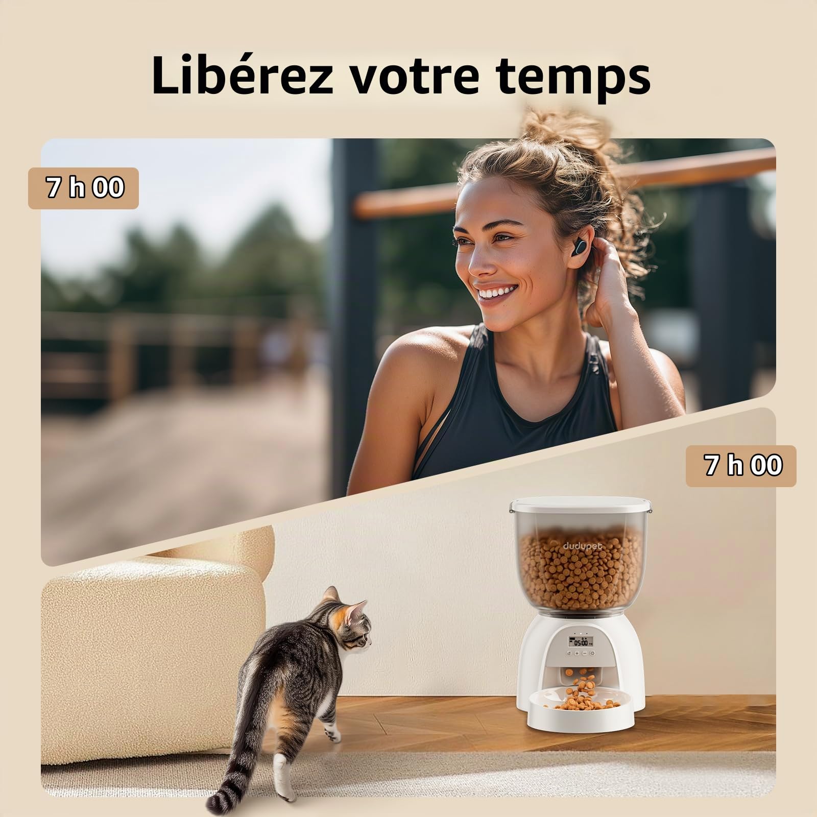Distributeur Croquettes Chat Automatique 5L - Distributeur Croquettes Chat avec Minuterie Programmable - 1-6 Repas par Jour - Amovible et Lavable, Mangeoire de Nourriture pour Chien