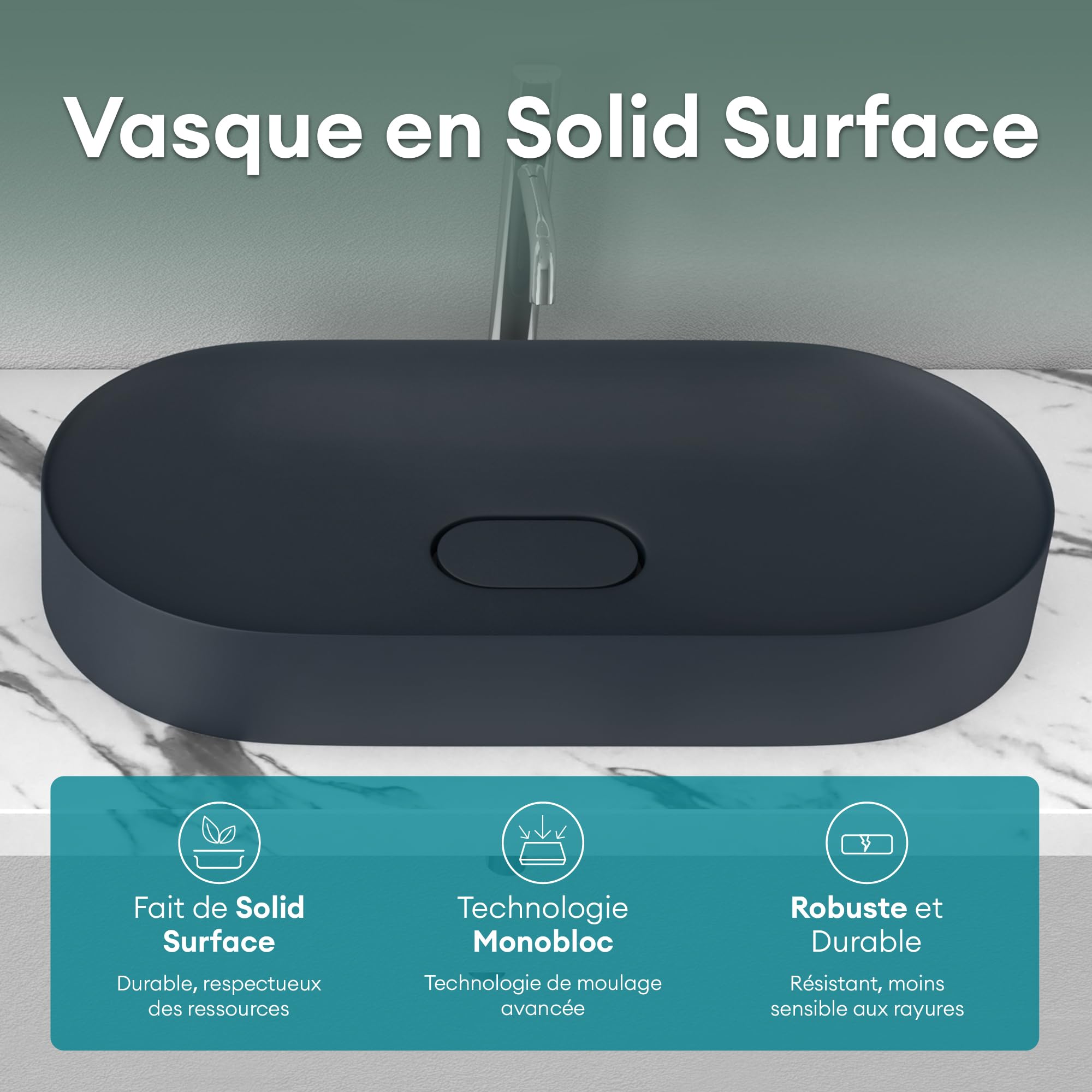Mai & Mai Vasque Ovale à Poser 71x35,5x10cm Gris Noir sans Trop-Plein