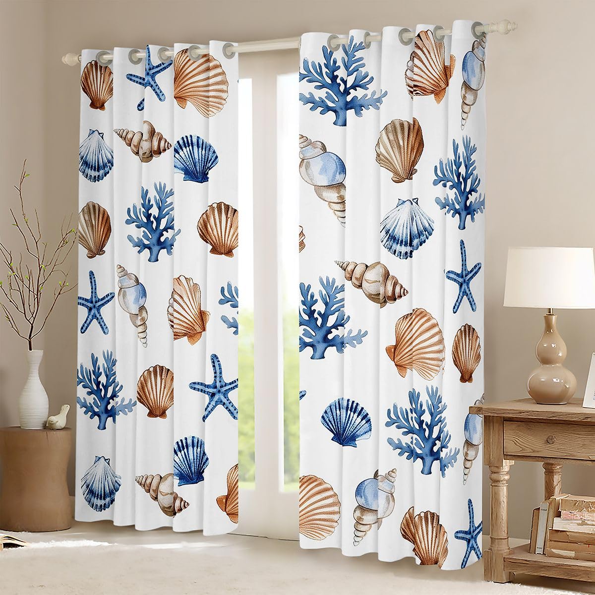 Homemissing Tende oscuranti per camera da letto e soggiorno, motivo: conchiglie e stelle marine costiere, tende oscuranti per camera da letto e soggiorno, tende oscuranti a tema spiaggia, 2 pannelli