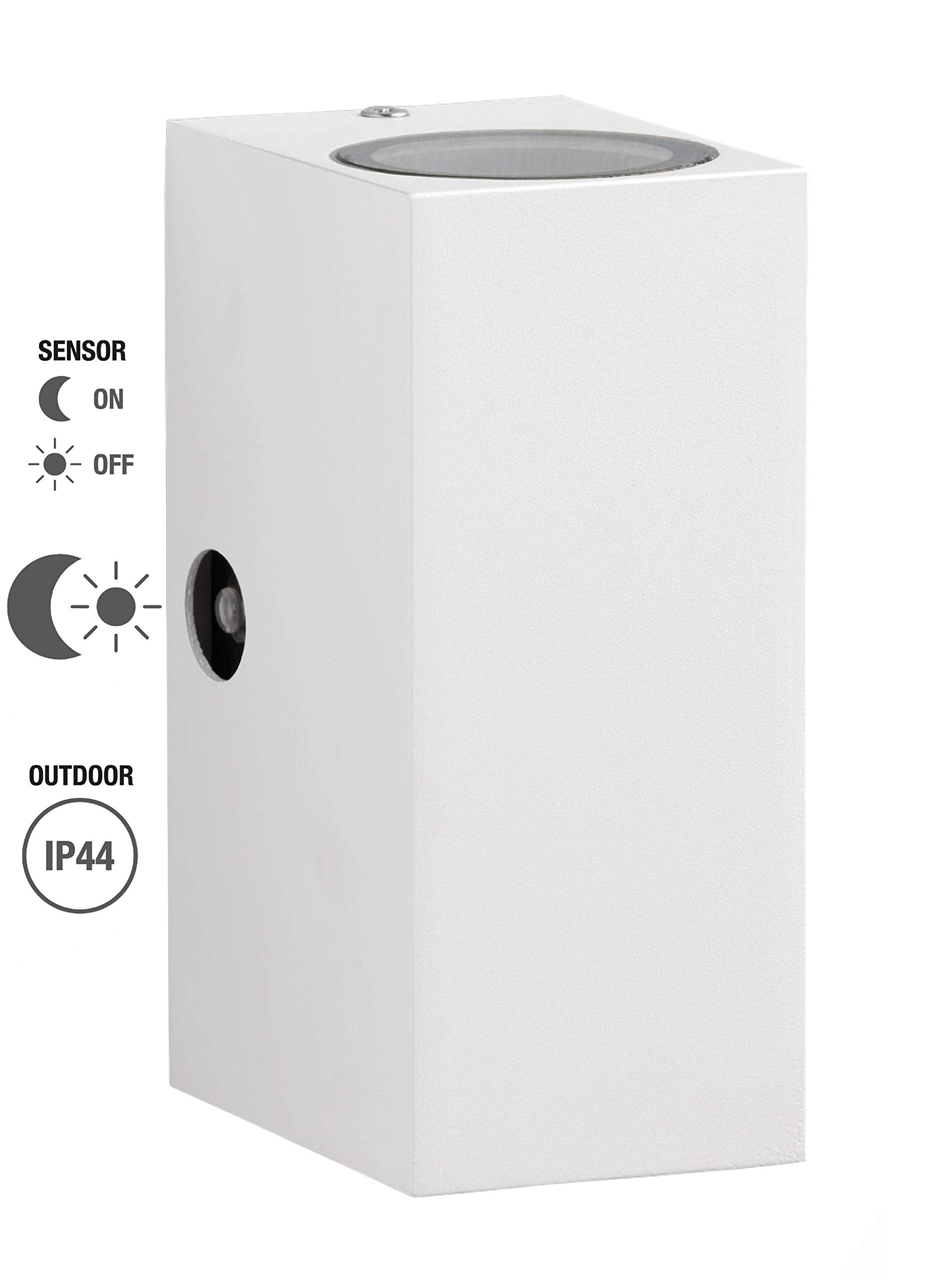 Trango 2er Pack IP44 Up & Down Light 8013-SSW2 Strahler in Weiß Eckig mit Dämmerungssensor (Tag & Nacht Schalter) Wandleuchte, Wandstrahler aus Alu-Druckguss inkl. 2x GU10 Fassung (ohne Leuchtmittel)