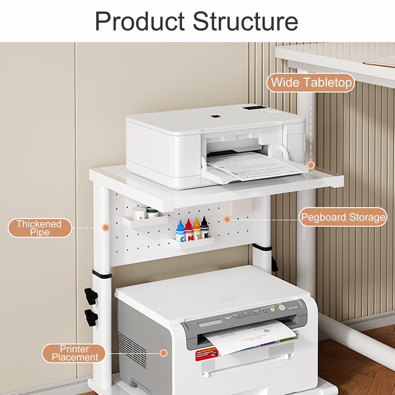 Blanco Mueble Impresora, Mesa Impresora con Tablero Perforado, Carro para Trituradora con Ruedas, para Oficina en Casa