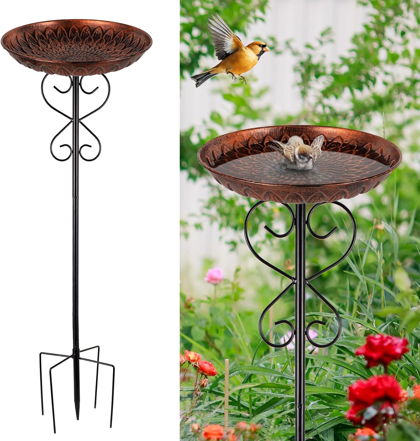 Metal Bird Baths for Outdoors, 38" H Copper Birdbath with 11.4 Inch Bowl, Standing Bird Bath & Bird Feeder with Stake for Outside Garden Patio Yard Lawn Decor
