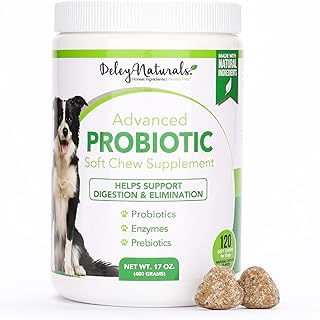 Deley Naturals Probiotics for Dogs - 120 Grain Free Chicken Soft Chews - 4 Billion CFU's, Digestive Enzymes, Prebiotics - Dog Allergies, Diarrhea, Bad Dog Breath, Constipation, Gas, Yeast- Made in USA