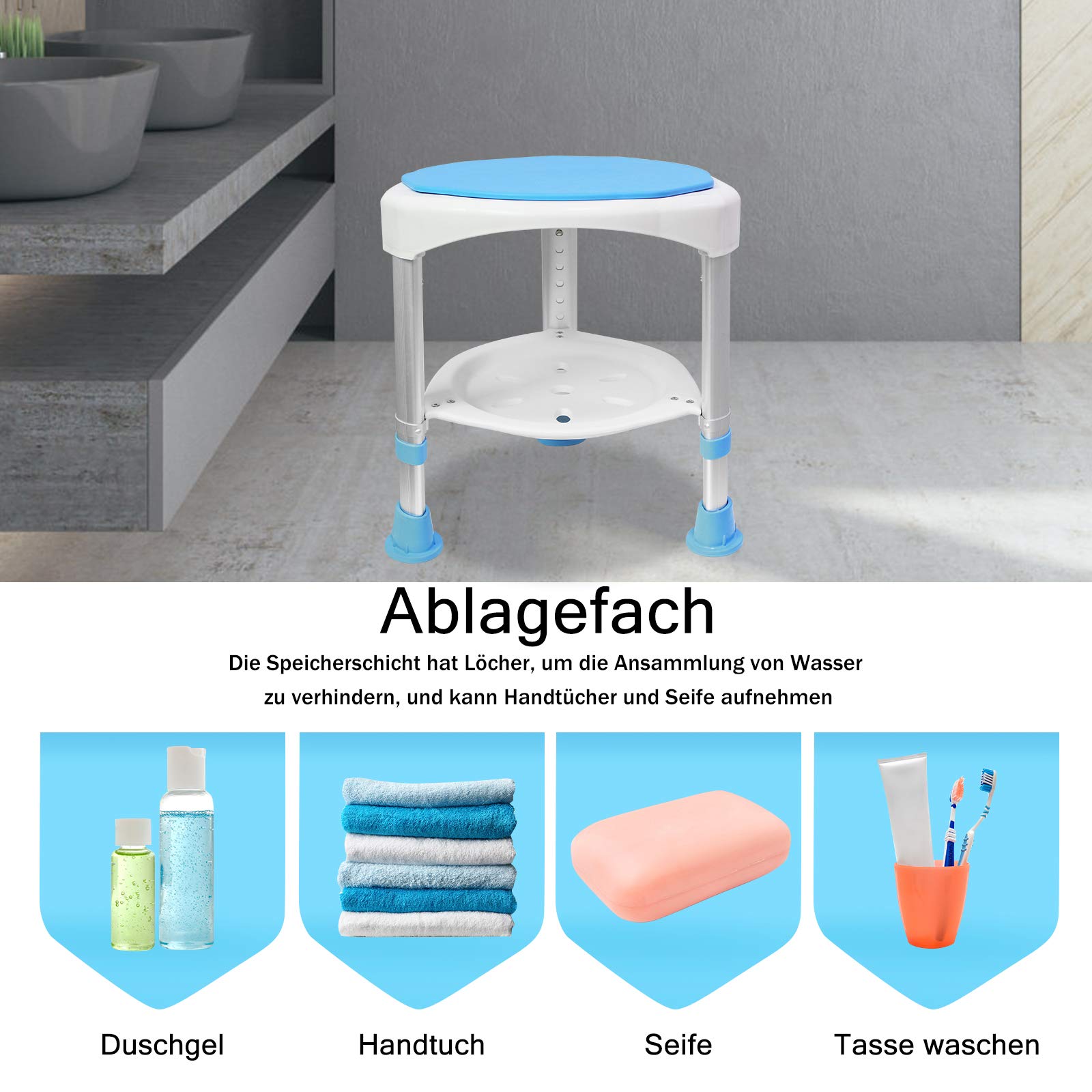 Taboret prysznicowy obracany o 360°, z regulacją wysokości 45-57 cm, z półkami, pomoc pod prysznic, antypoślizgowa, dla seniorów, kobiet w ciąży