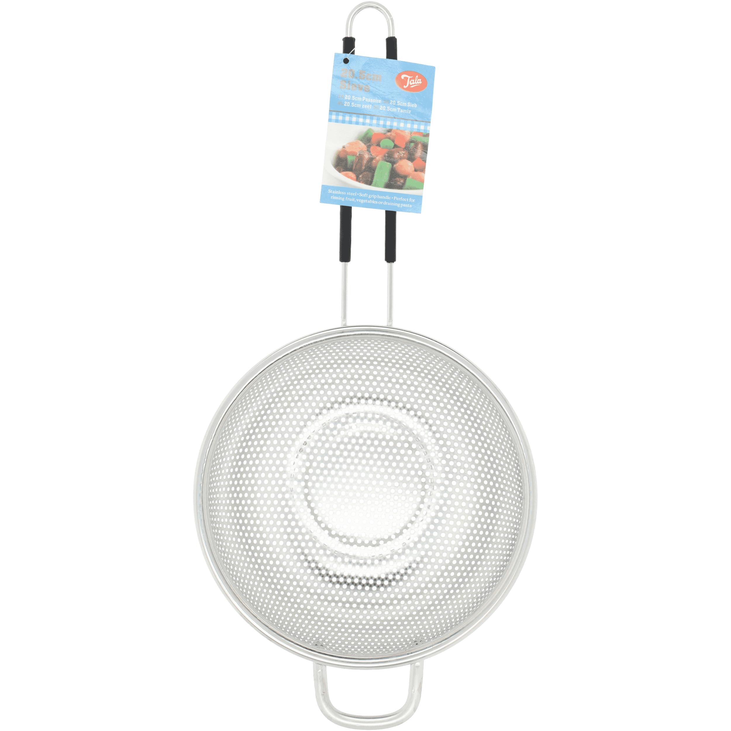 Tala 20.5cm Stainless Steel Strainer with Soft Grip Handle, Ideal for use as Colander or Sieve. Perfect for draining and rinsing Fruits and Vegetables, Pasta Rice, Pulses, Beans