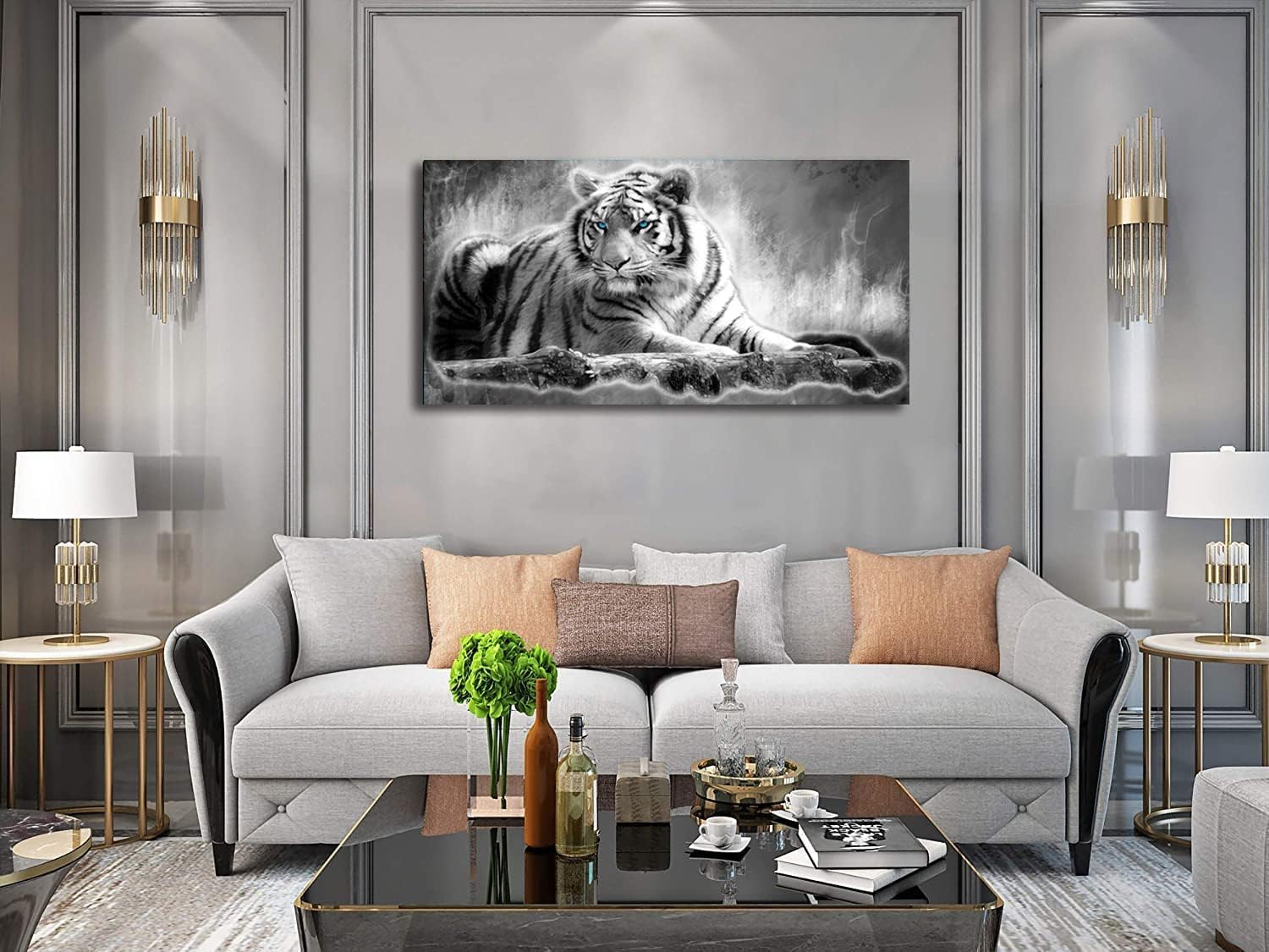 Yxbhhym Animal Black and White Tiger Canvas Wall Art Picture Tiger Painting Print Gallery Wrap Office Bathroom Living Room Decoration Modern Home Art Framed Wall Art– 20X40inch - Image 3