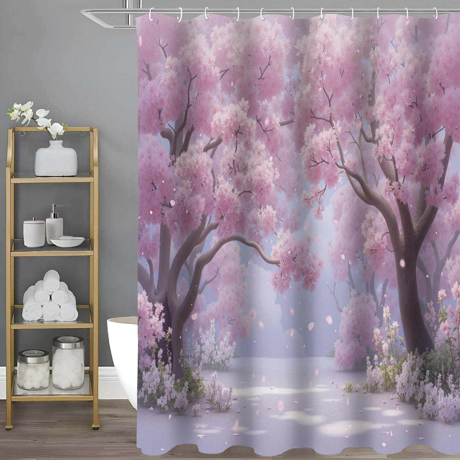 Rideau Douche,Rideau Baignoire Lavable en Machine Rideaux Douche Tissus Lavable Rideau De Baignoire Lavable pour Salle De Bain Domicile Baignoire Famille,Forêt De Cerisiers en Fleurs,