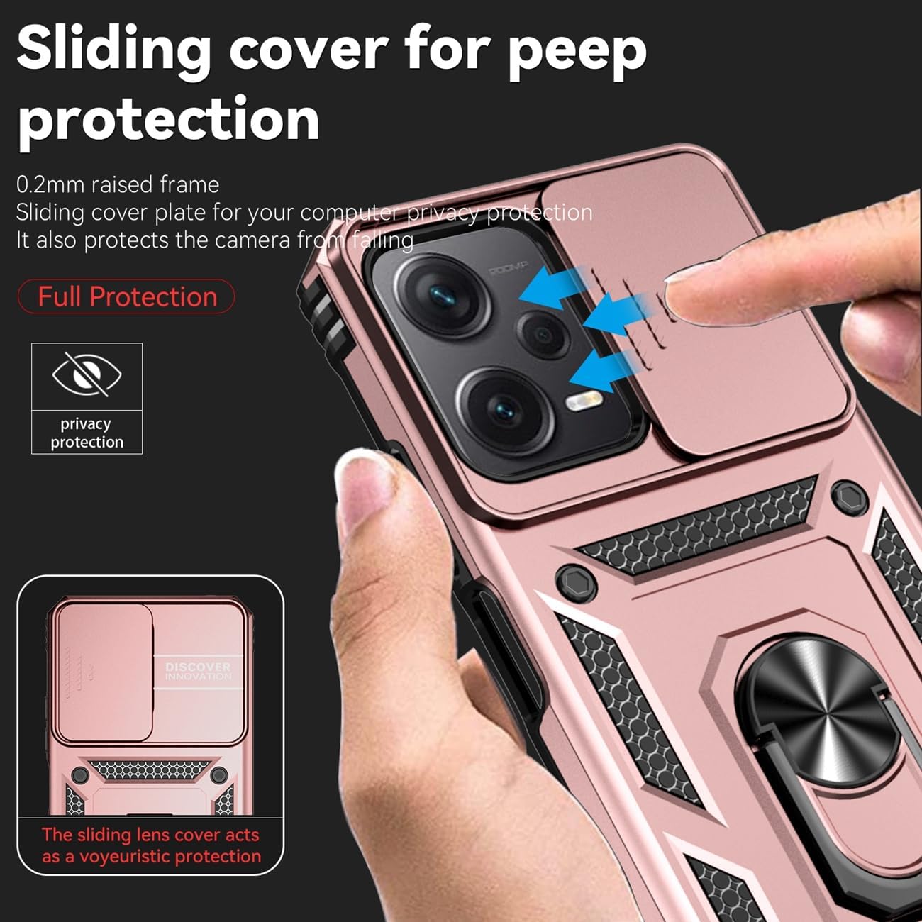for Redmi Note 12 Case, Poco X5 5G with Tempered Glass Screen Protector and Slide Camera Cover, Magnetic Ring Car Mount Holder Kickstand Protective Cover for Xiaomi Redmi Note 12 5G Rose Gold - Image 2