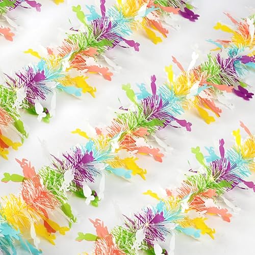 33Ft Easter Garland Decorations Colorful Tinsel Twist Garland for Tree with Gorgeous Bunny Carrot Designs Spring Pastel Hanging Ornaments for Home