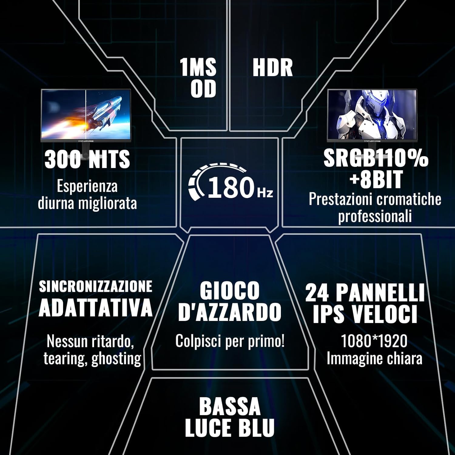 Minifire MFG24F4L Monitor Gaming 24 Pollici 180Hz, Full HD (1920x1080), PC Schermo IPS, 1ms, FreeSync, HDMI 1.4, DisplayPort 1.2, sRGB 110%, 300Nits, VESA, Inclinazione Regolabile, Eye Care