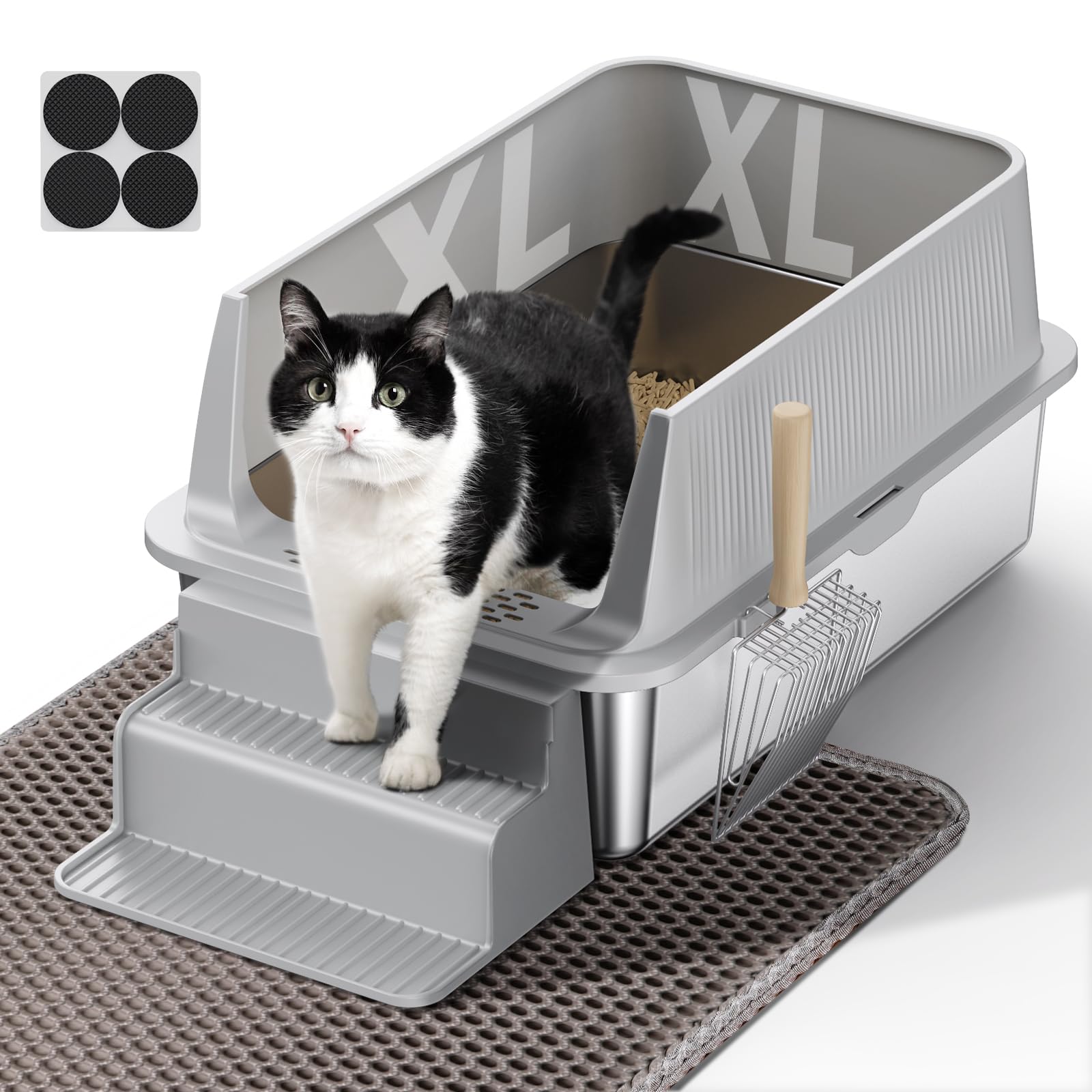 PKBD XXL Katzenklo Edelstahl, 60x40x30cm, 32L mit Abnehmbarer Abdeckung und Auslaufsicherer Hoher Rand, Offenes Katzenklo mit XL-Matte, Metallschaufel und Filterpedal, Leicht zu Reinigen