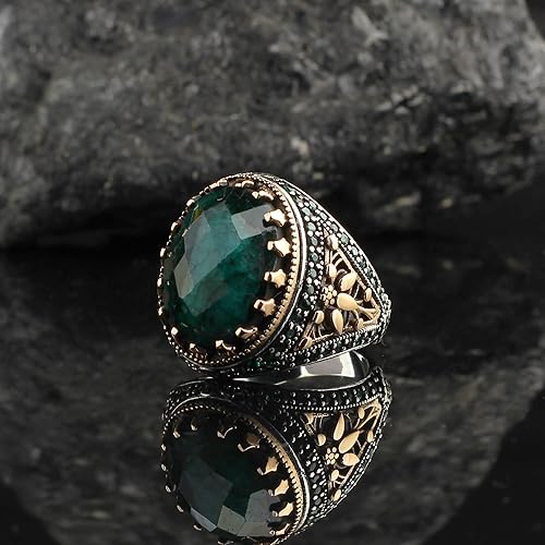 Miniatura 3 de Emerald Stone Men Silver Ring, 925 Sterling Silver Emerald Gemstone Ring, Handmade Engraved Turkish Silver Ring with Natural Emerald Stone gifts for