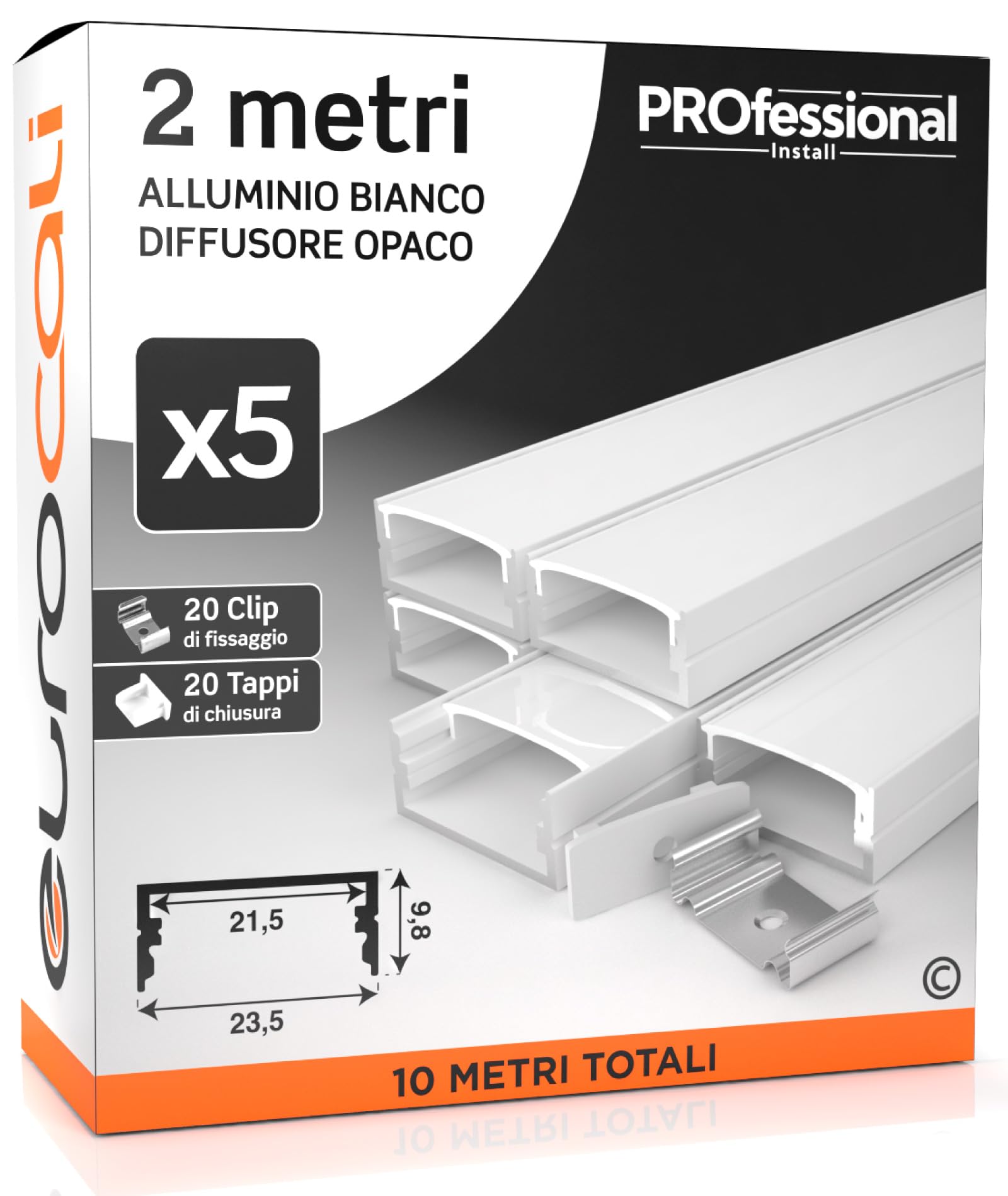 Eurocali 5x Profili da 2m (10mt) in Alluminio Bianco per Strisce LED Copertura Opaca larghezza max striscia led 21.5mm - 23.5 x 9.8