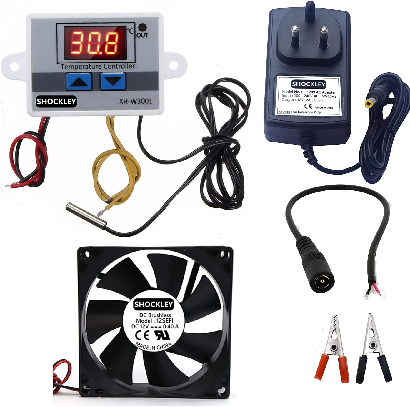 Shockley XH-W3001-50 to 110c Intelligent Digital Thermostat temperature controller combo XH-W3001 (12V Without Direct Output) + 12V 2AMP Adapter + FAN + Alligator Clips + DC Female JACK