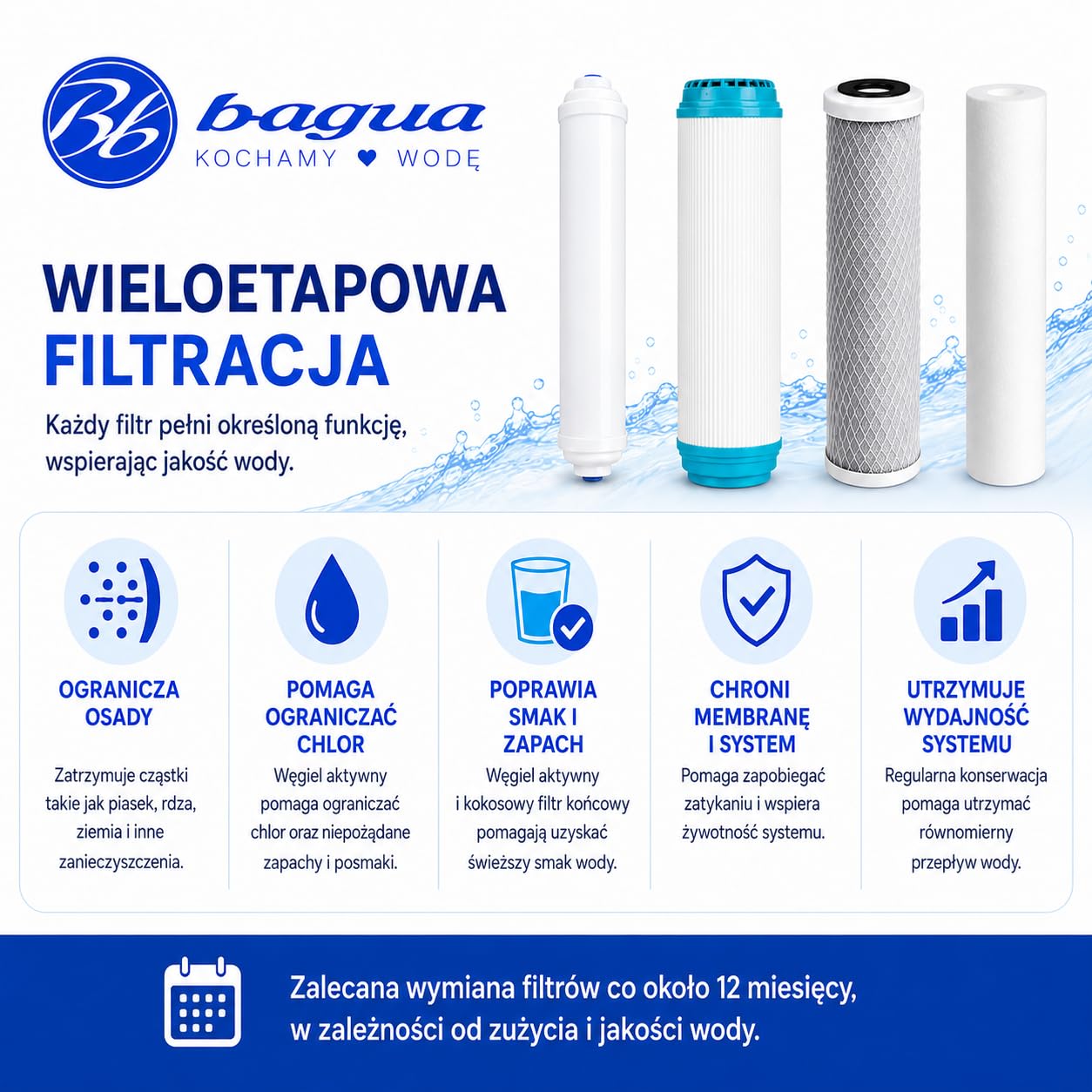 Zestaw 4 filtrów do wody do standardowego sprzętu do odwróconej osmozy. 1 osad, 1 węgiel GAC, 1 węgiel blokowy i 1 filtr końcowy z orzecha kokosowego. Wymieniaj raz w roku. Bbagua.