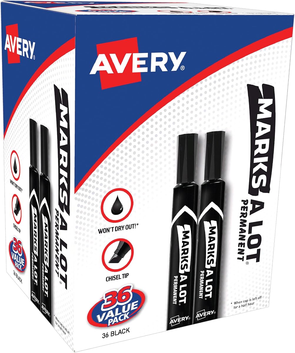 Avery Marks-A-Lot Large Desk-Style Chisel Tip, Value Pack 36 Black Permanent Markers are perfect for signs and posters (98206)