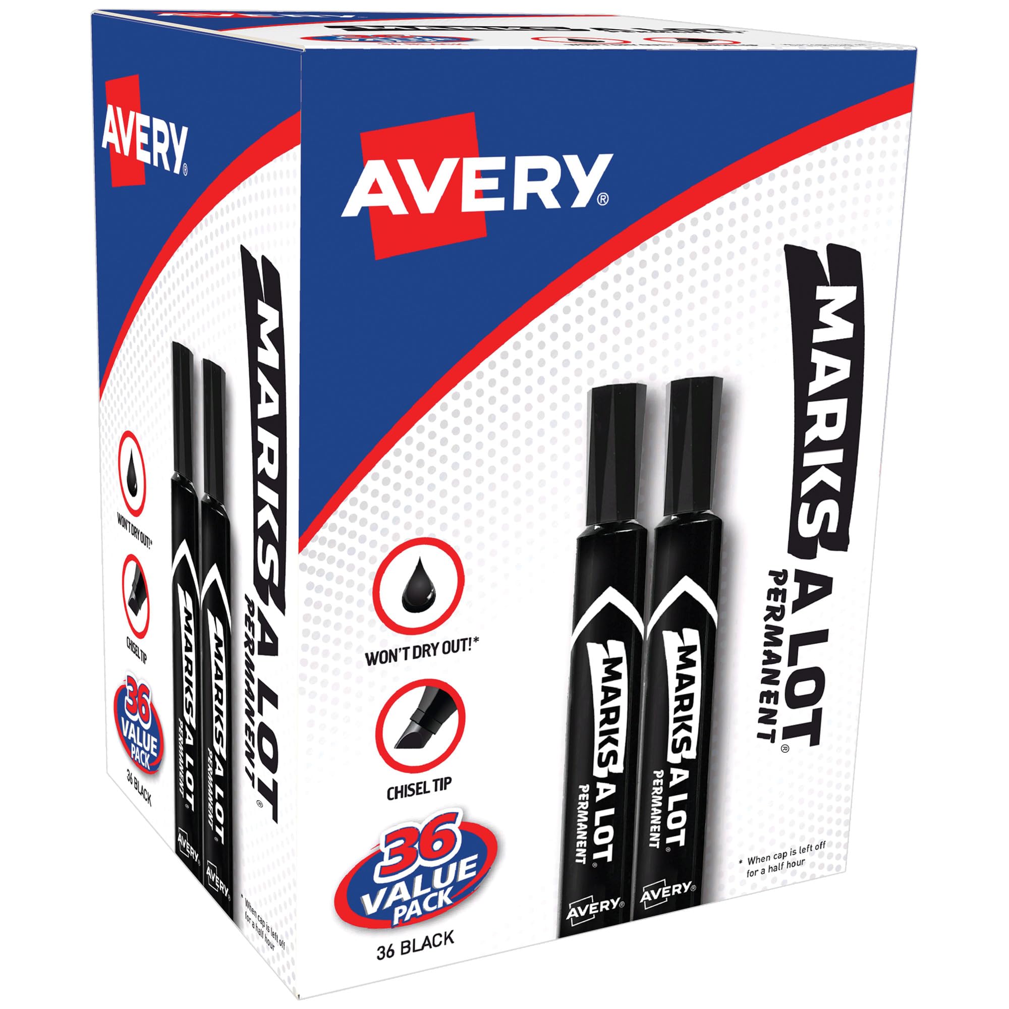 Avery Marks A Lot Permanent Markers, Chisel Tip, 36 Black Markers