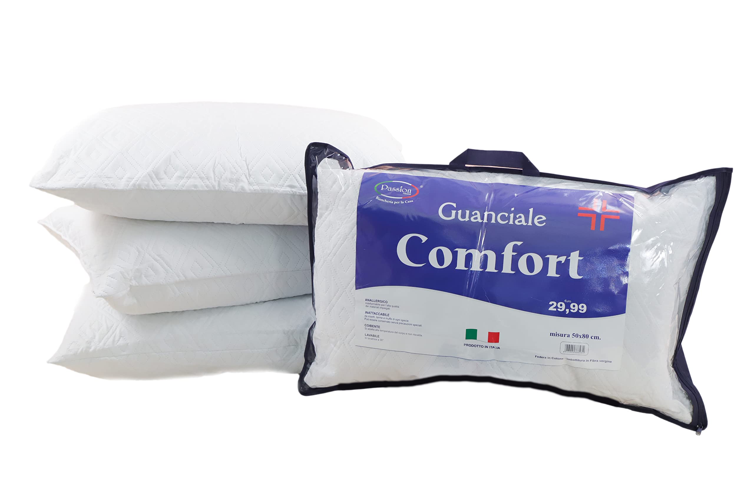 Viterbo Biancheria Set 2 o 4 Guanciali Cuscino Guanciale Comfort Fiocco Passion Con Federa Trapuntata Anallergico Traspirante 50x80CM 638 (4 Guanciali, Bianco)